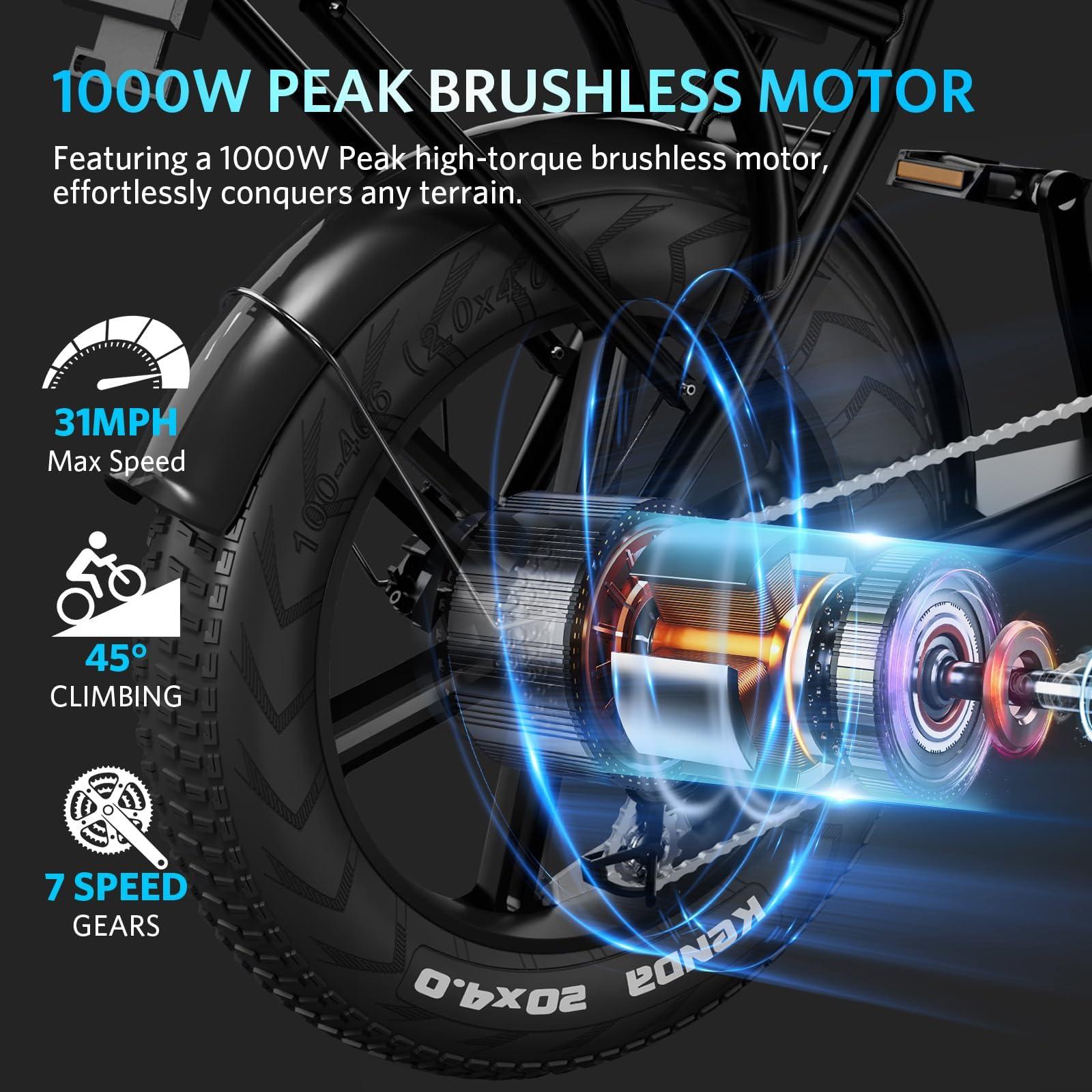 OUXI Electric Bike for Adults, Peak 500/750W/1000W, Up to 20/31 MPH, 10.4/15/30 AH Removable Battery, 16''/20" Fat Tire Electric Bike, 7-Speed Gear Bicicleta Eléctrica, Ebike Moped Style UL Certified - Image 3