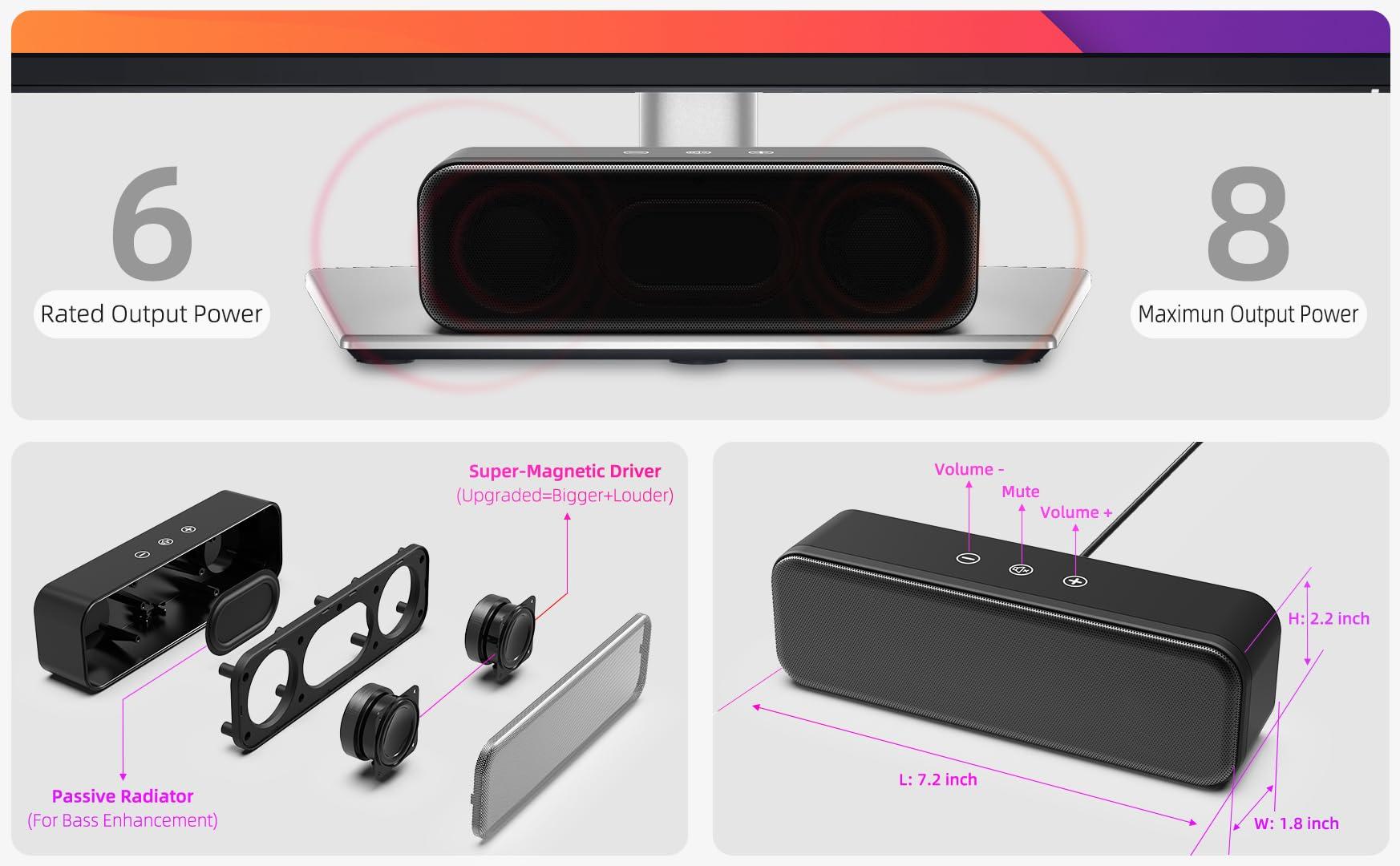 Computer Speakers for Desktop PC Laptop, Wired, USB Plug-in, External Speakers for Monitor, Small Computer Sound bar for PC, Loud Speaker with Deep Bass, Touch Control, Built-in USB-C to USB Adapter - Image 4