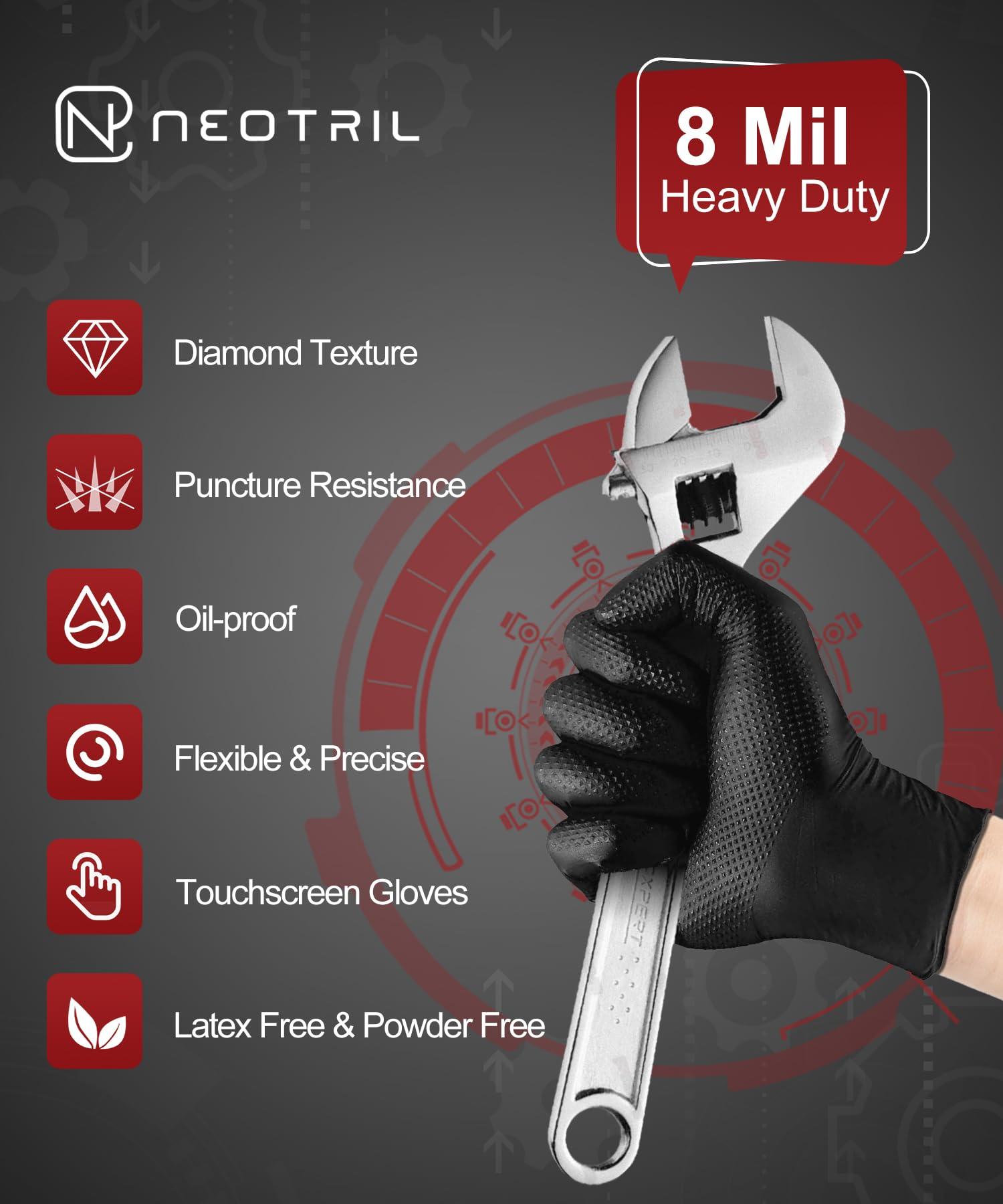 NEOTRIL 8 Mil Heavy Duty Disposable Nitrile Gloves with Diamond Texture Grip Rubber Gloves Latex & Powder Free - Image 2