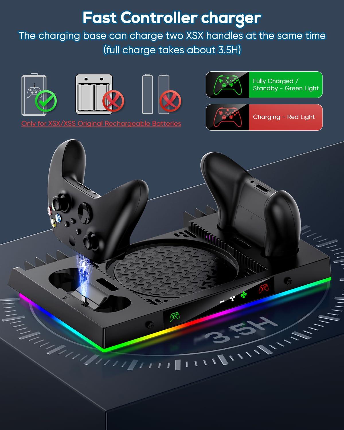 Upgrade Cooling Fan&Dual Charging Stand for Xbox Series X Console&Controller,Cooler Charger Station System for XSX with 15 RGB Light, 2x1400mAh Rechargeable Battery,Disc Accessories Storage (Black) - Image 7
