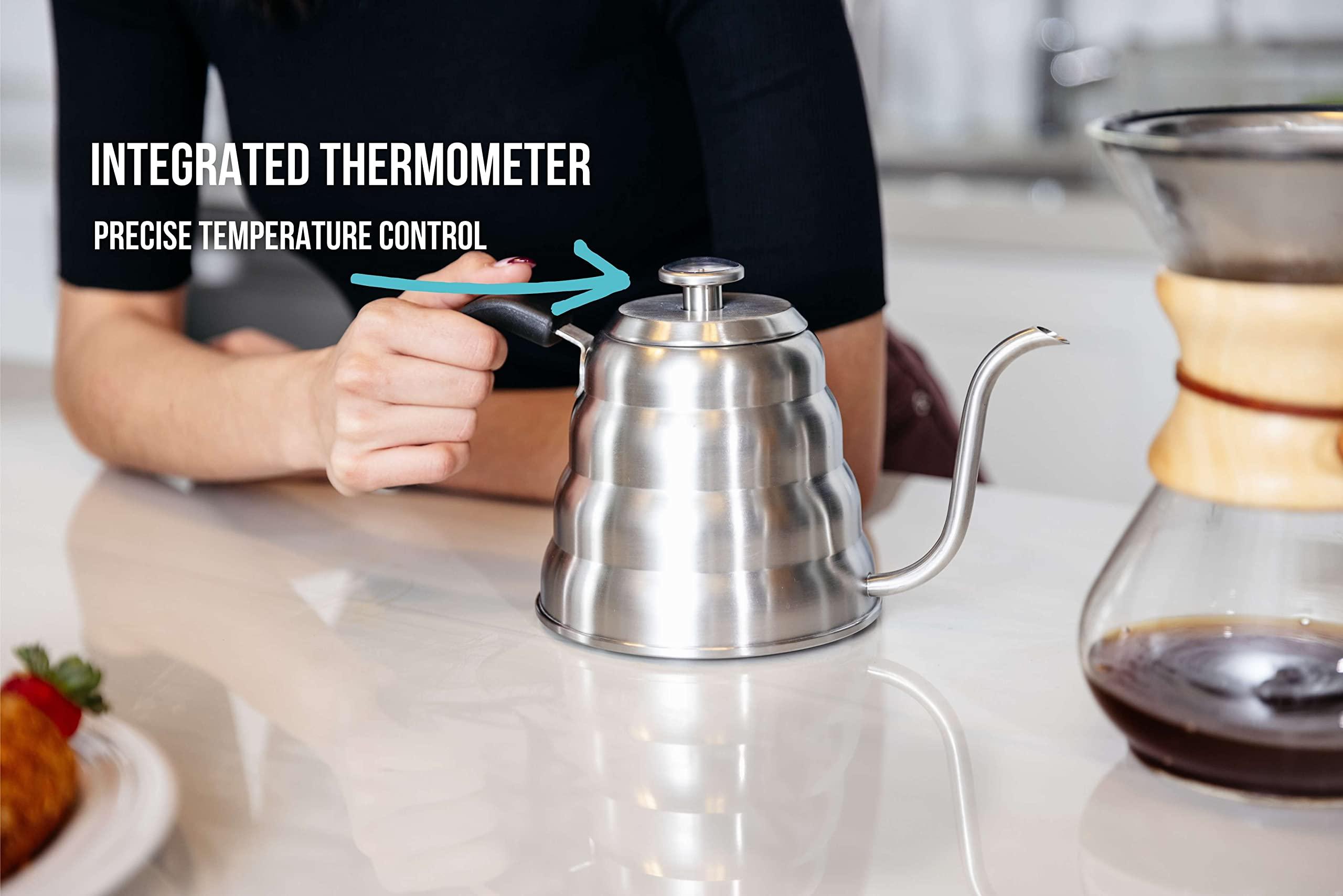 Barista Warrior Gooseneck Kettle for Pour Over Coffee and Tea with Thermometer for Exact Temperature, Precision Pour Drip Spout, Stainless Steel, Compatible with all Stove Tops (1.2 Liter, 40 fl oz) - Image 2