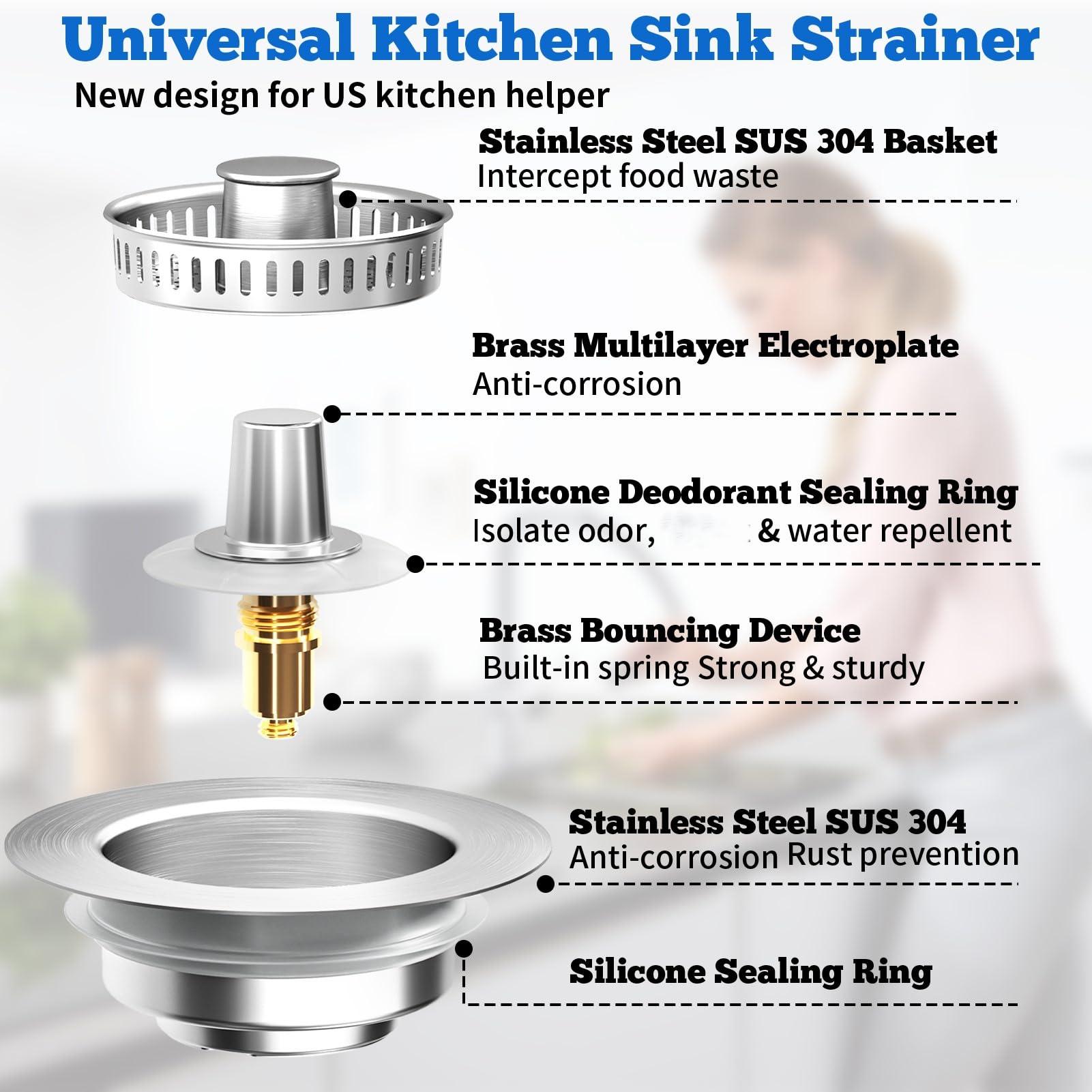 Upgraded 3 in 1 Kitchen Sink Drain Strainer Stopper, Brushed Stainless Steel SUS 304 Pop Up Sink Drain Stopper for Standard 3-1/2 Inch Drain Anti-Clogging Odor Prevention - Image 6