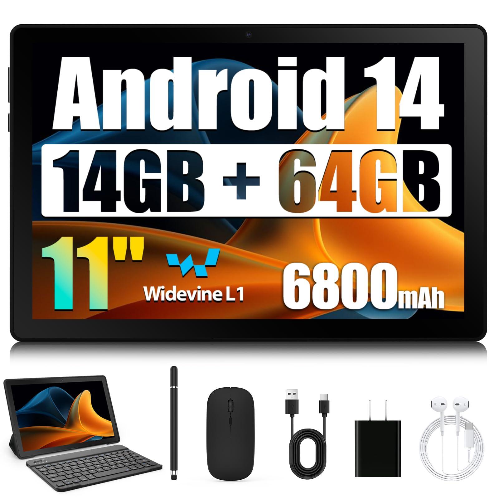 HiGrace Android Tablet, 14GB RAM+64GB ROM (TF 1TB), 11 inch Android 14 Octa-Core, 6800mAh, Widevine L1, WiFi 6, 8 in 1 Tablet with Keyboard, Mouse, Protective Case, Stylus, Headset, Charger- Black