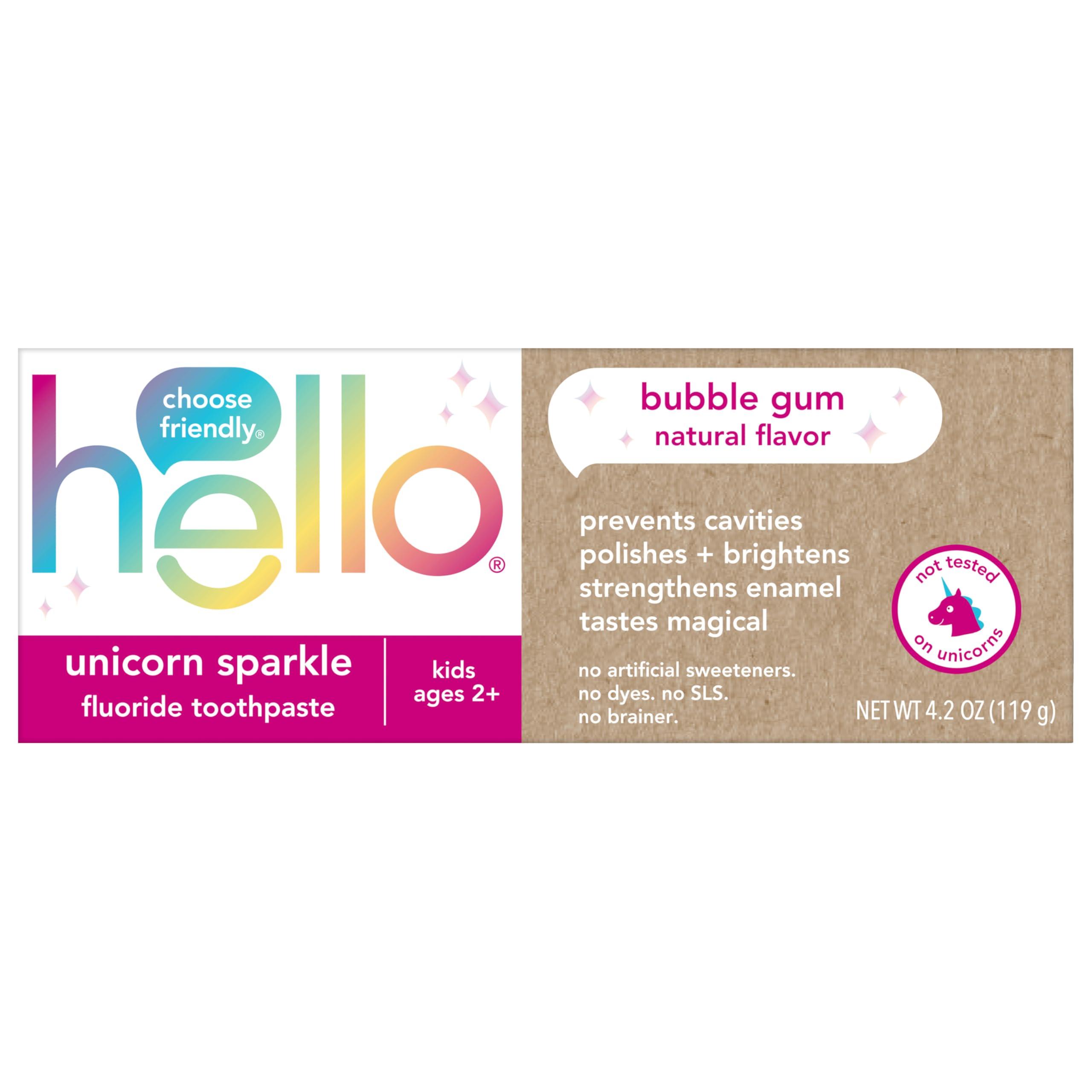 hello Unicorn Sparkle Kids Fluoride Toothpaste, Natural Bubble Gum Flavor, ADA Approved, Ages 2+, No Artificial Sweeteners, No SLS, Gluten Free, Vegan, Pack of 3, 4.2 oz Tubes - Image 2