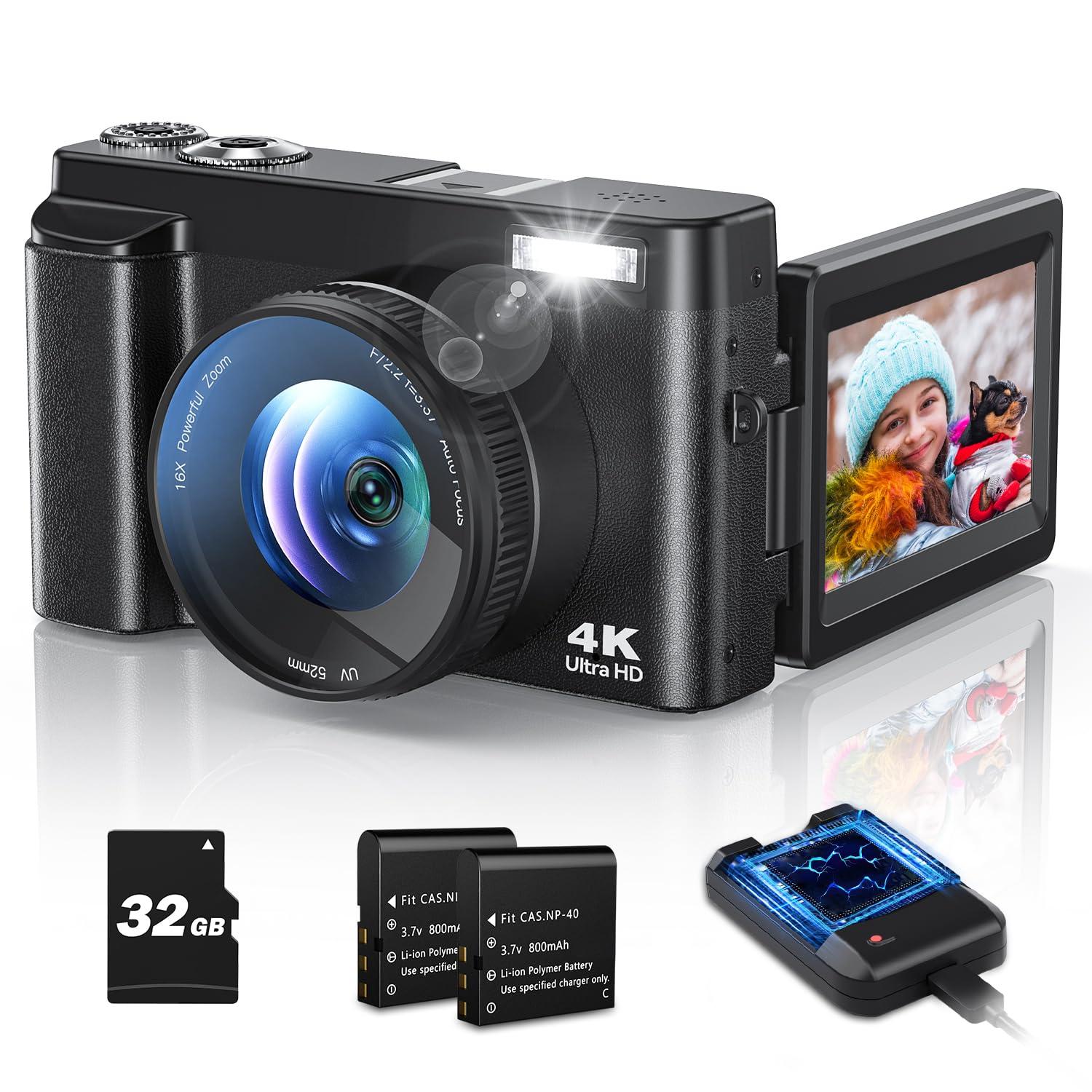 Bifevsr 4K Digital Camera for Photography Autofocus, 48MP Vlogging With Flash Anti-Shake, 3'' 180 Flip Screen Compact Travel 16X Zoom for Teens With 32G Card, Battery Charger