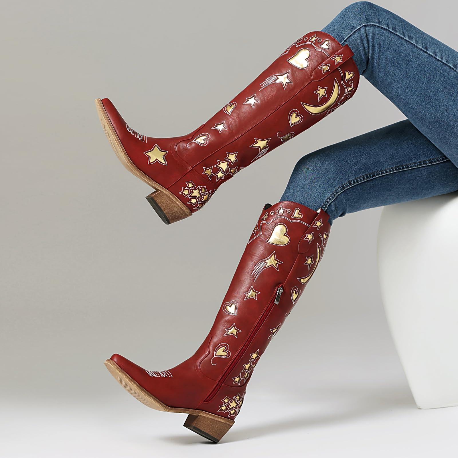 AIWGLESOLE Western Cowboy Boots for Women Knee High, Stars Moon Heart Patterns Low Heel - Image 4