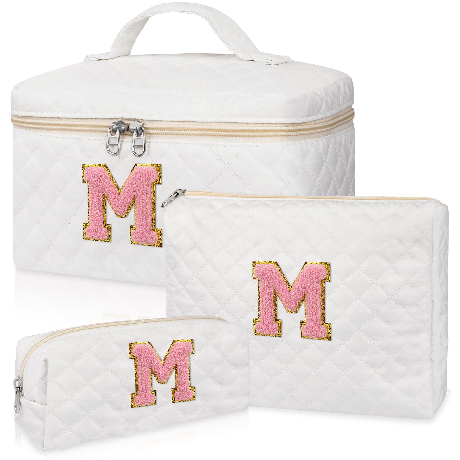 Makeup Bag, Quilted Make Up Bag,Large Initial Cosmetic Bag for Women, Cute Cotton Makeup Bags Set, Personalized Travel Toiletry Bag for Teen Girl Friend Sister Wife Girlfriend Gifts M