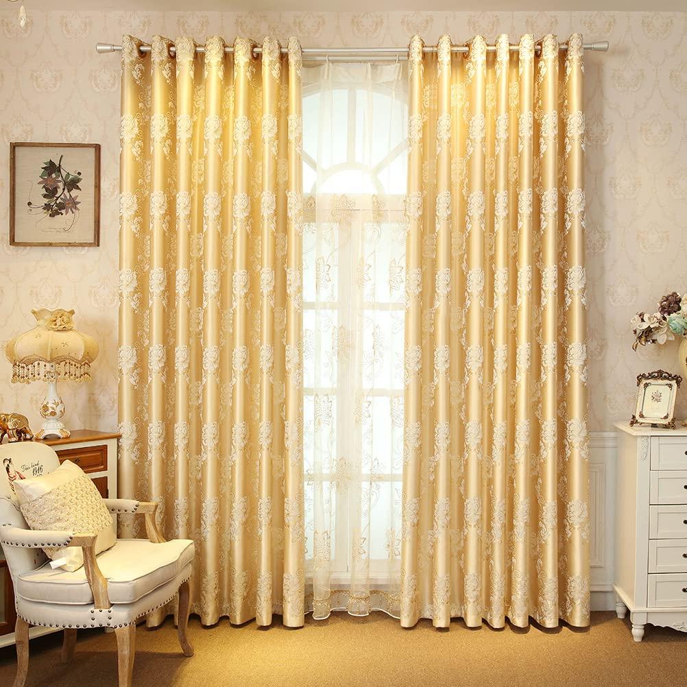 ELKCA Luxury Gold Floral Curtains for Bedroom Jacquard Window Curtains for Living Room,Grommet Top,2 Panels(Floral-Golden,52 by 96 inch Long)