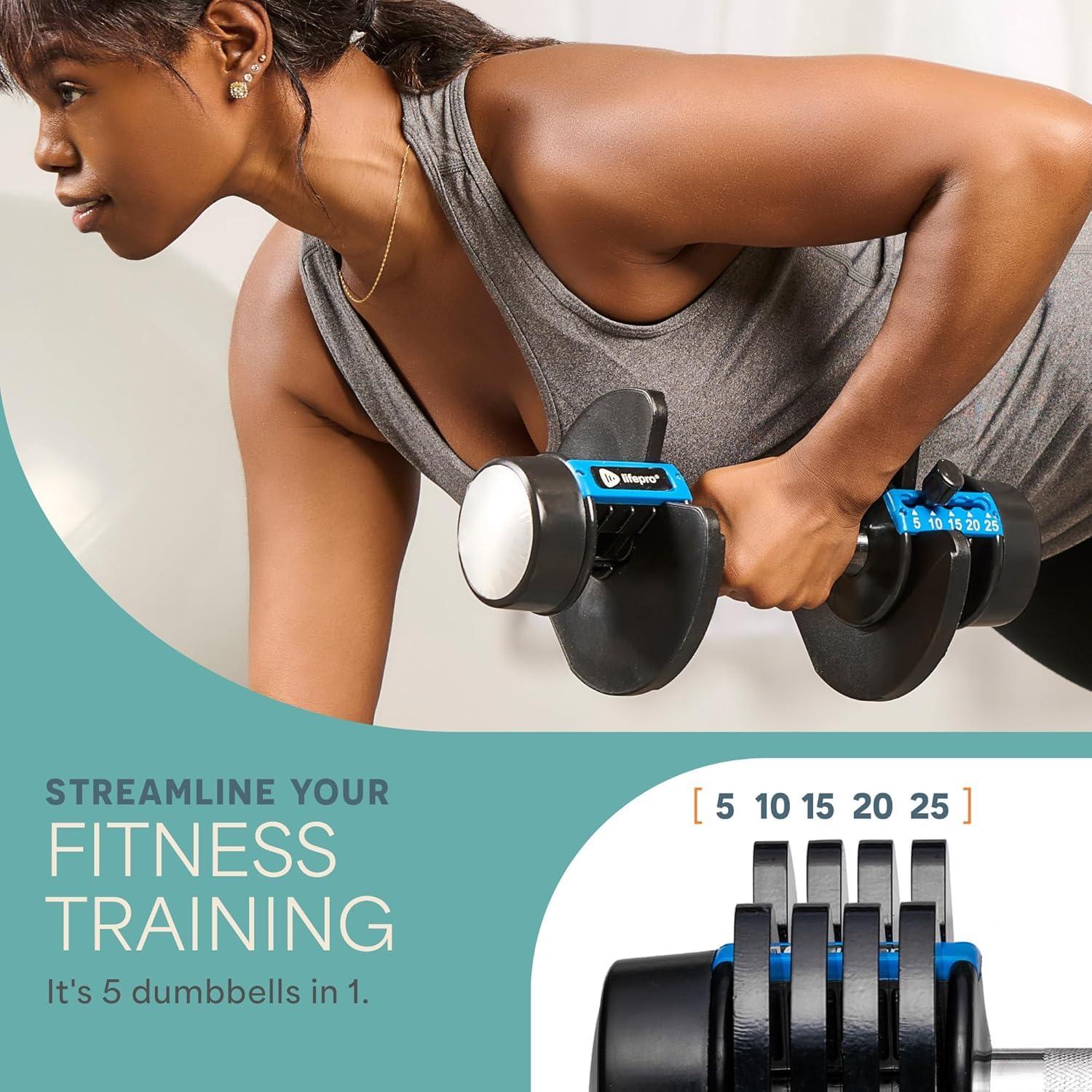 Lifepro Adjustable Dumbbells Set - 5in1-15lb 25lb 43lb 55lb weights Set & Single with Rack - Quick Adjust, Secure Grip - Compact Hand Weights for Men Women Home Gym - Image 2