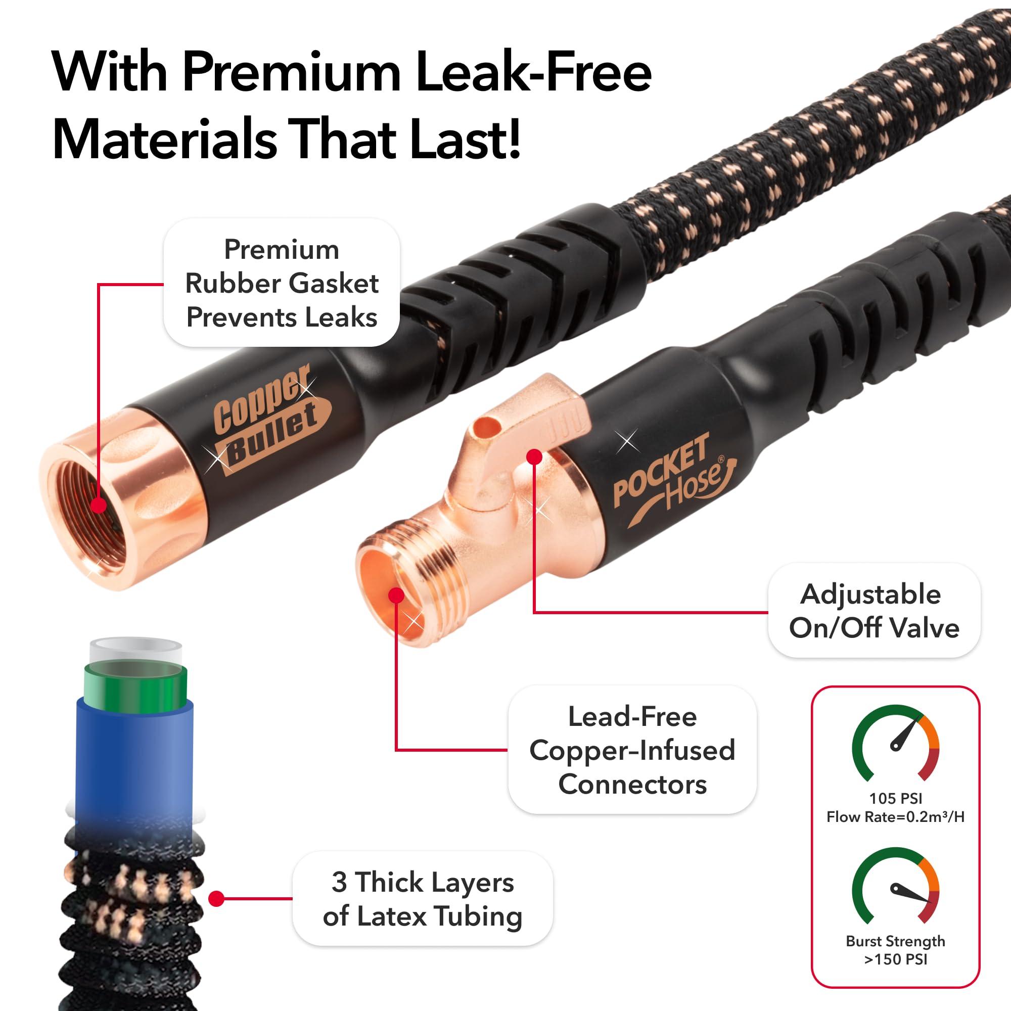 Pocket Hose Copper Bullet Expandable Garden Hose 25 FT w/10 Pattern Thumb Spray Nozzle AS-SEEN-ON-TV 650psi 3/4 in Patented Lead-Free Ultra-Lightweight Solid Copper Anodized Aluminum Fittings No-Kink - Image 5