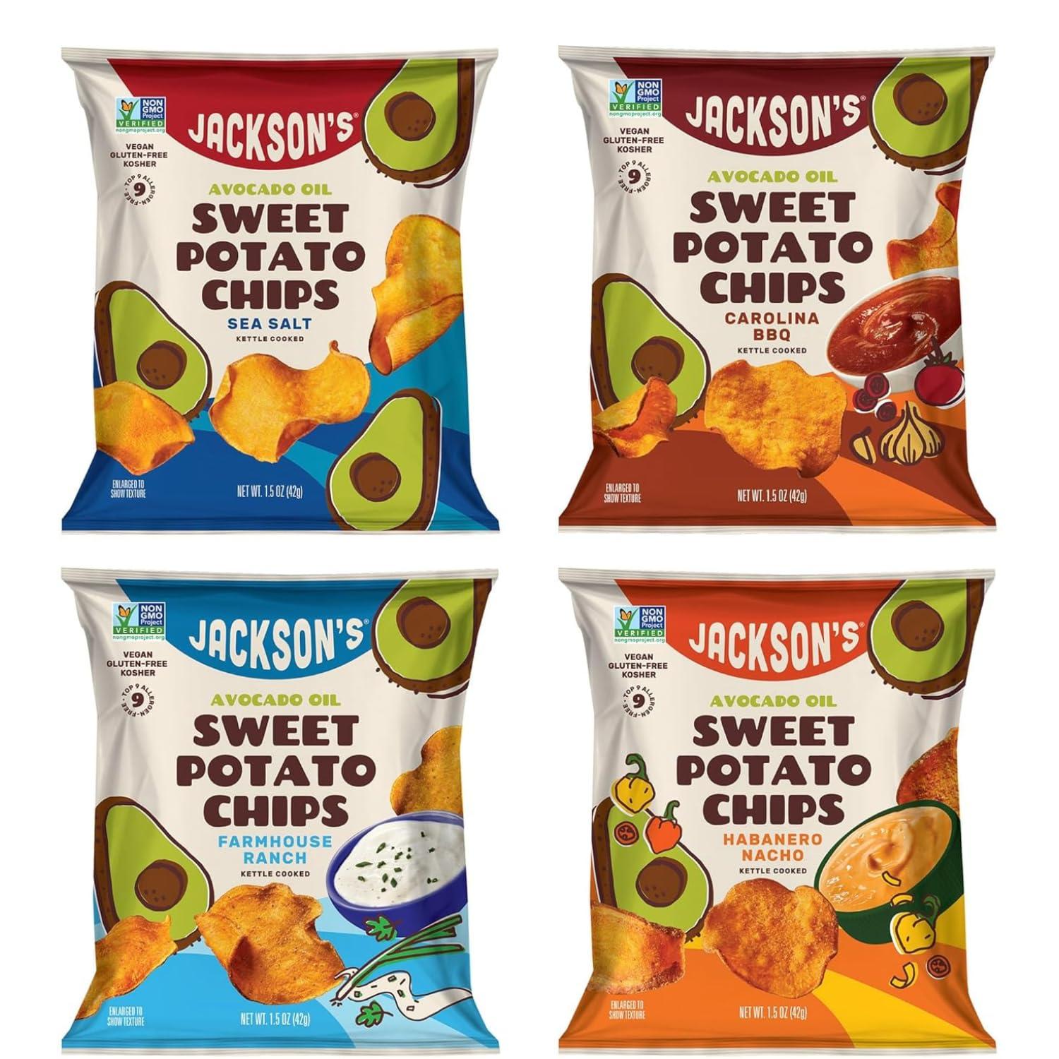 Jackson’s Sweet Potato Kettle Chips Avocado Oil Variety Pack made with Premium Oils (1.5 oz, Pack of 10) Sea Salt, Ranch, BBQ, and Habanero Nacho Flavors - Allergen-friendly, Gluten Free, Vegan