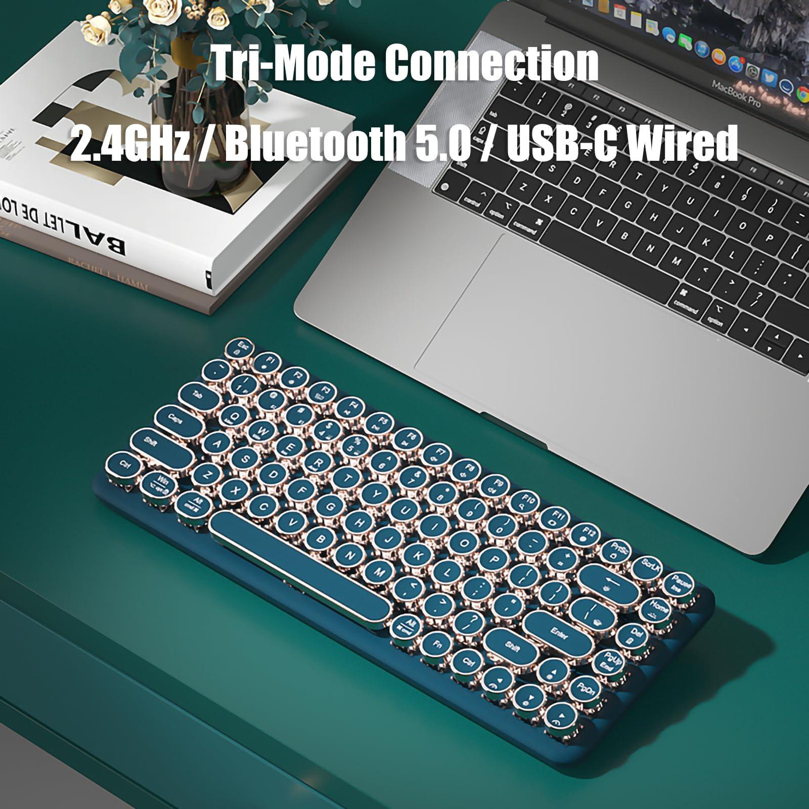 TISHLED Typewriter Keyboard Wireless 2.4GHz/Bluetooth/USB-C Wired Mechanical Gaming Keyboard Warm White LED Backlit 84-Key NKRO Hot Swappable Green Switches Retro Round Keycaps for Multi-Device - Image 2