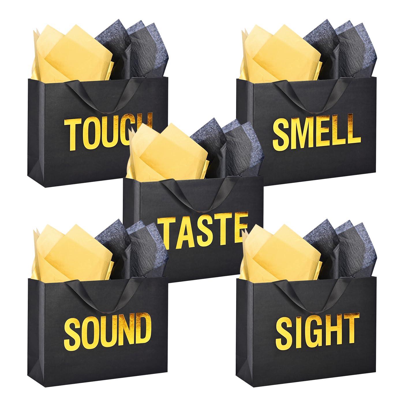 Large 5 Senses Gift Bags for Him Her, Gold Foil Sight Smell Touch Taste Sound Gift Bags,Five Senses Gift Bag for Him with Handles and Tissue Paper for Birthday, Mothers Day, Anniversary, Christmas(12.6 x 8.7 x 4 Inch)
