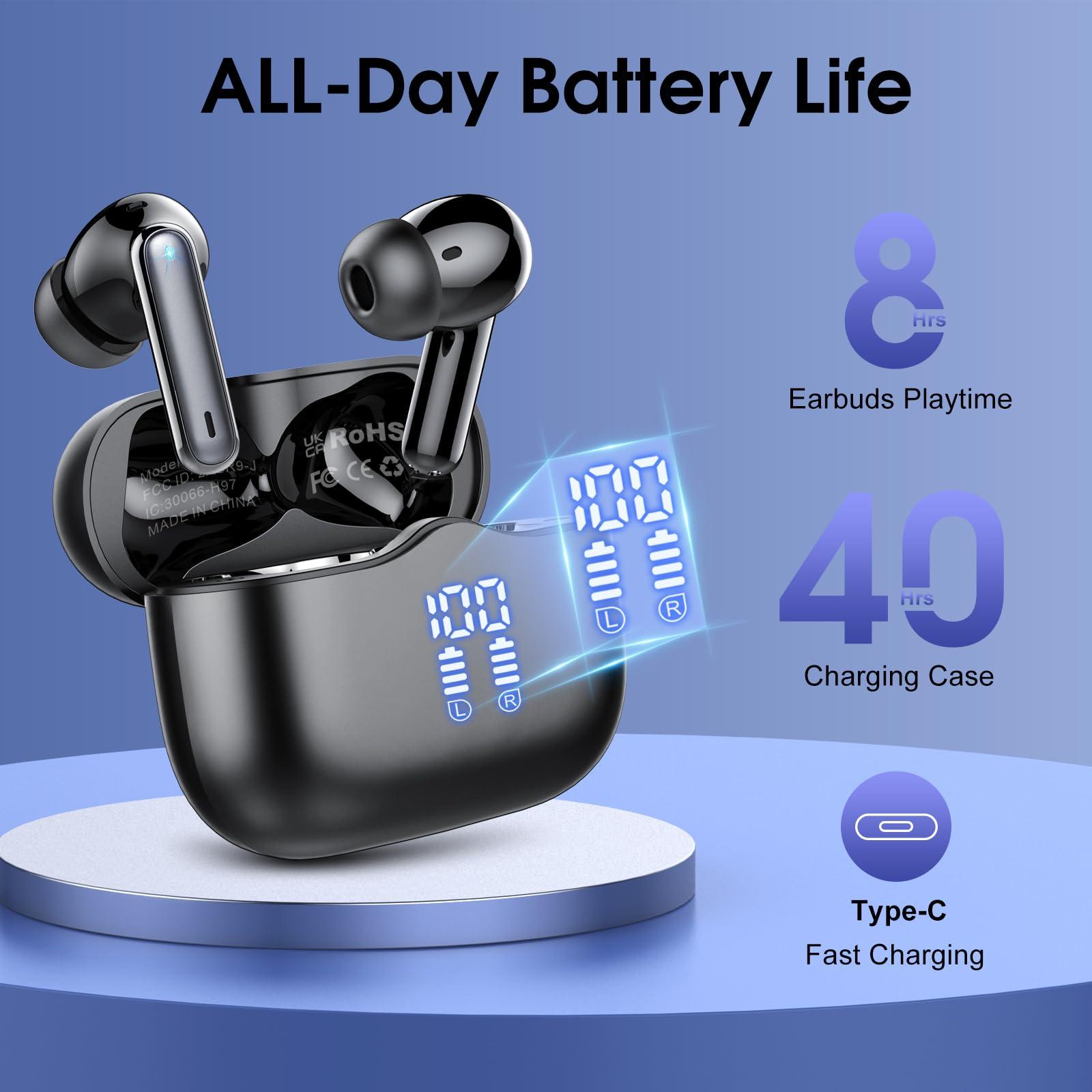 Wireless Earbuds, 2025 Bluetooth 5.4 Headphones in Ear with Stereo Deep Bass, 40H Bluetooth Ear Buds with 4 ENC Noise Cancelling Mics, IP7 Waterproof Earphones Hands-Free Calls Dual LED Display USB-C - Image 4