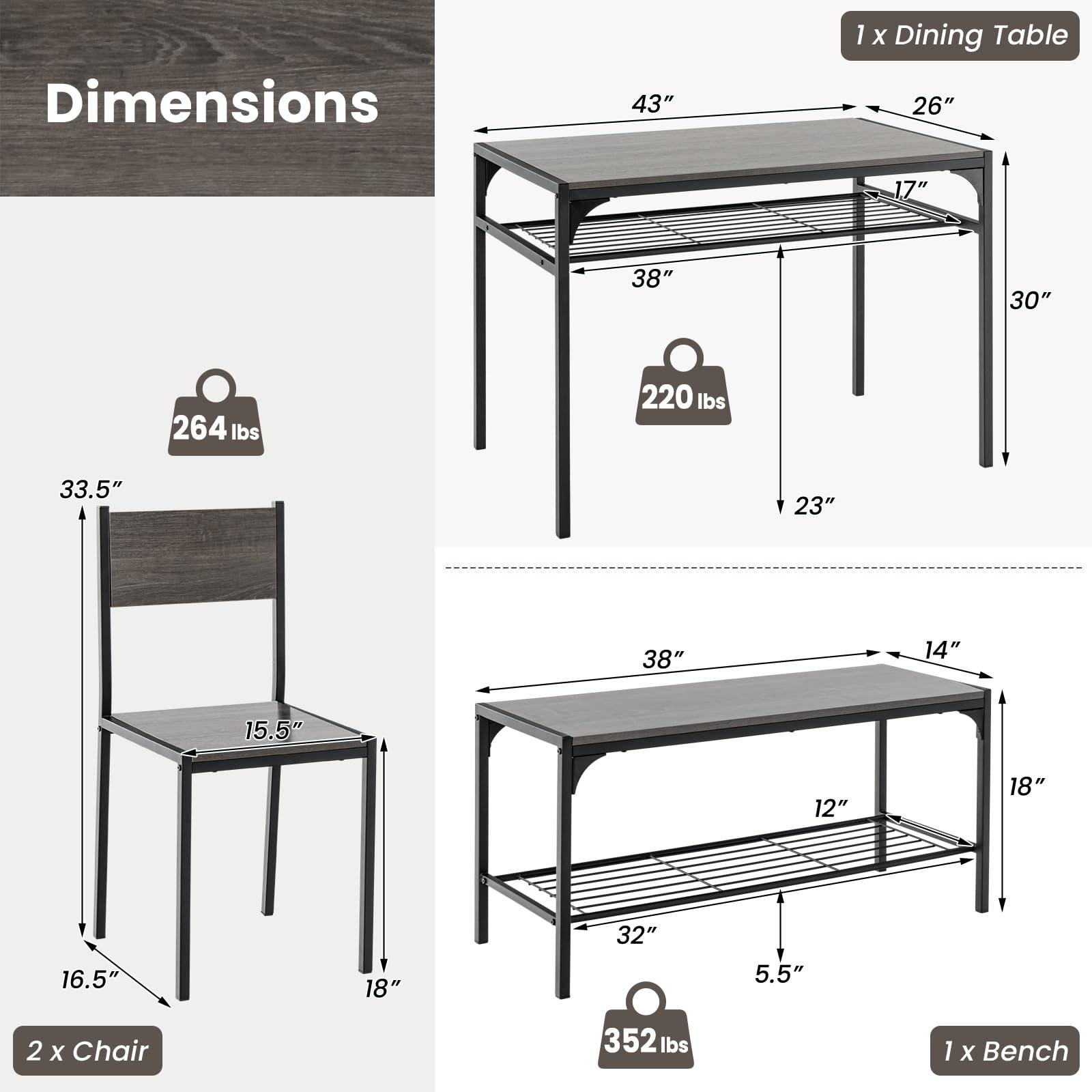 Tangkula Dining Table Set for 4, Kitchen Table and 2 Chairs for 4 with Bench, Additonal Storage Rack, 4 Piece Dining Table Set for Small Space, Apartment - Image 3
