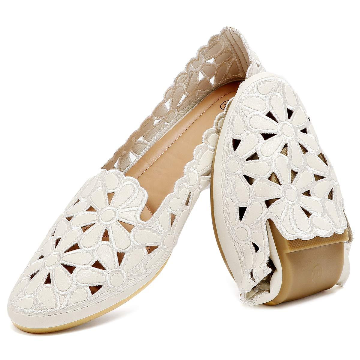 HEAWISH Women's Floral Ballet Flats for Women Black Beige Slip On Flowers PU Leather Round Toe Dress Shoes