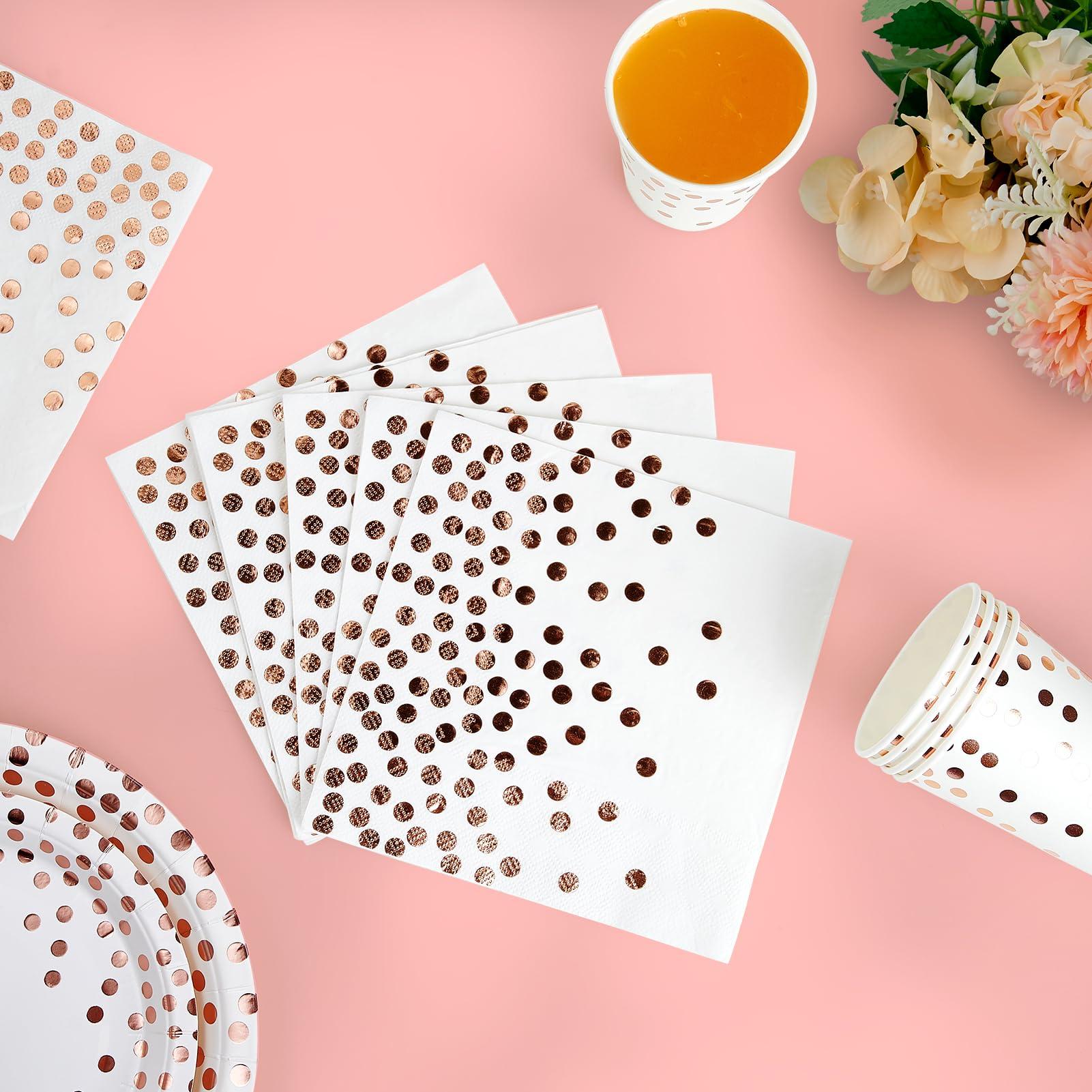 White and Rose Gold Party Supplies - 350 PCS Disposable Dinnerware Set - White Paper Plates Napkins Cups, Gold Plastic Forks Knives Spoon for Graduation, Birthday, Cocktail Party - Image 2