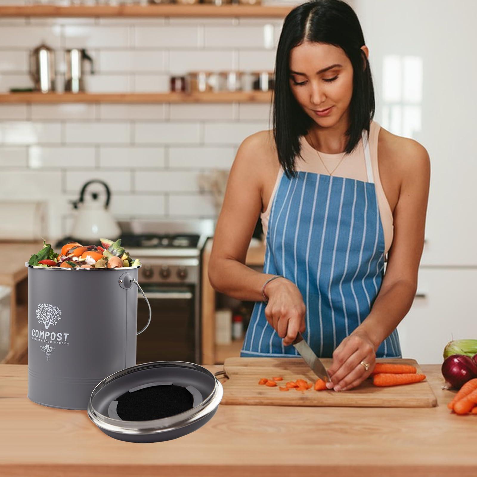 Holismo Kitchen Countertop Compost Bin, Odor Resistant Indoor Compost Bin with Lid and Charcoal Filter, Rust Resistant Coated Compost Bucket, Compost Container, Gray - Image 2