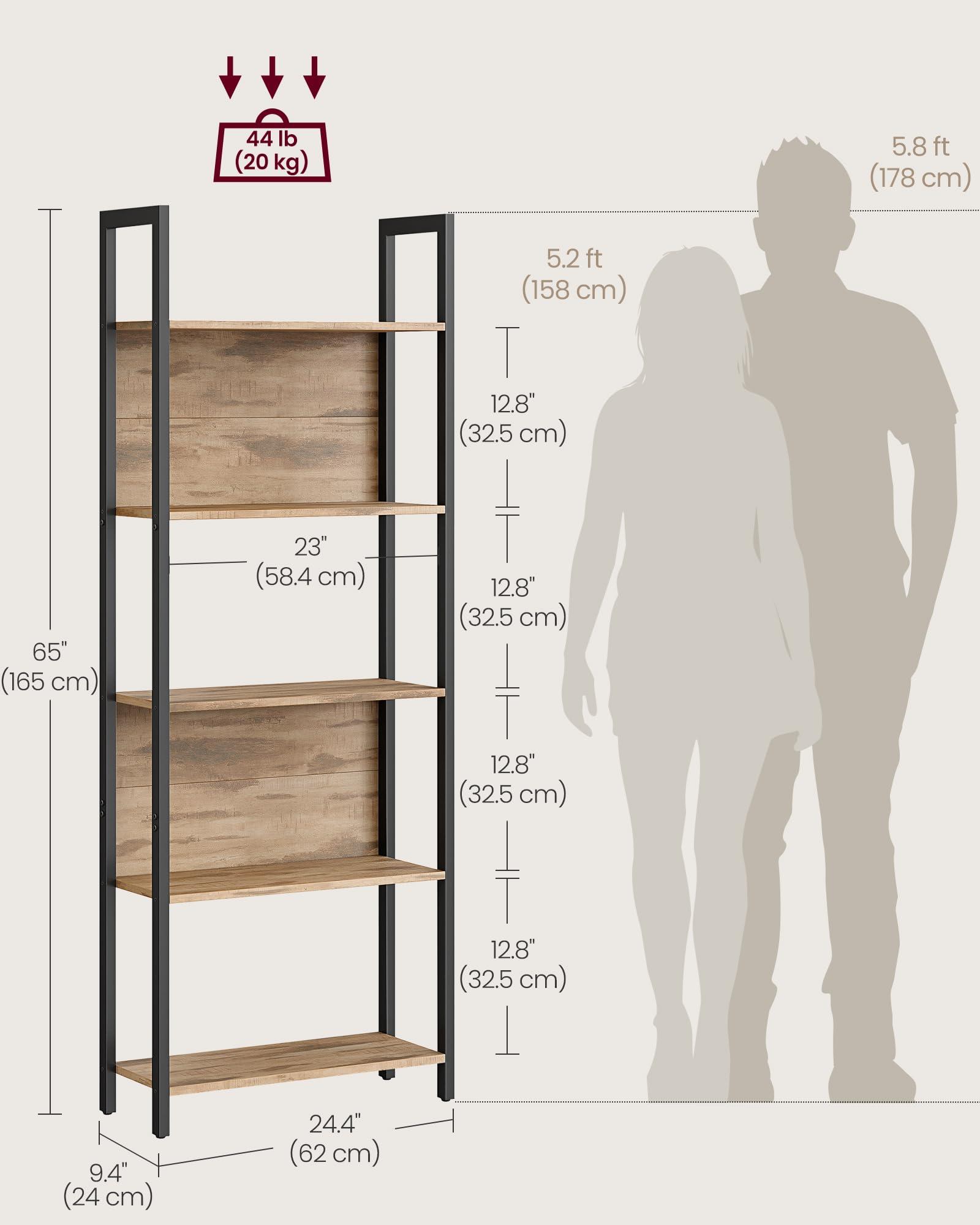 VASAGLE 5-Tier Bookshelf, Book Shelf, Industrial Bookcase, with Steel Frame, for Living Room, Home Office, Bedroom, 9.4 x 24.4 x 65 Inches, Camel Brown and Black ULLS025B50 - Image 3