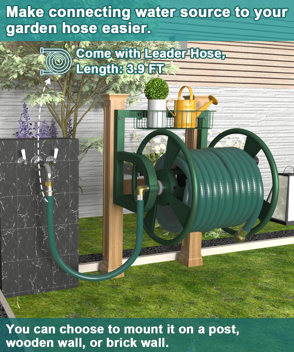 Artigarden Garden Wall Mounted Hose Reel, Outdoor Heavy-Duty Water Hose Holder Winder, Holds 125 Feet of 5/8-Inch Hose, with 3.9 ft Leader Hose, Brass Fitting and Storage Basket for Yard, Green - Image 3