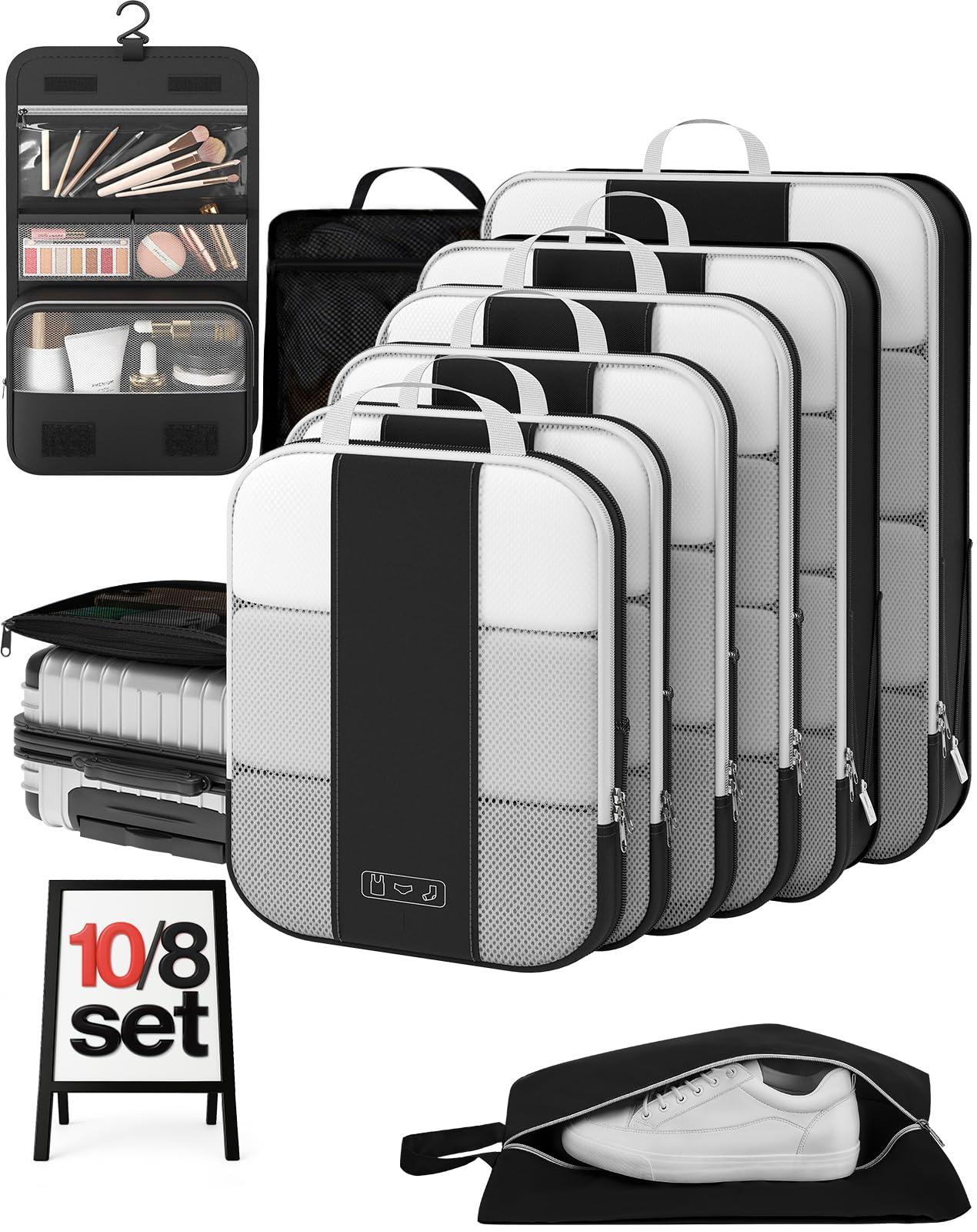 10 Set Compression Packing Cubes for Travel Essentials,Compressible Expandable Packing Cubes for Suitcase,OlarHike Luggage Organizer Bags for Travel,Handy Helper for Organizing Clothes(Black)