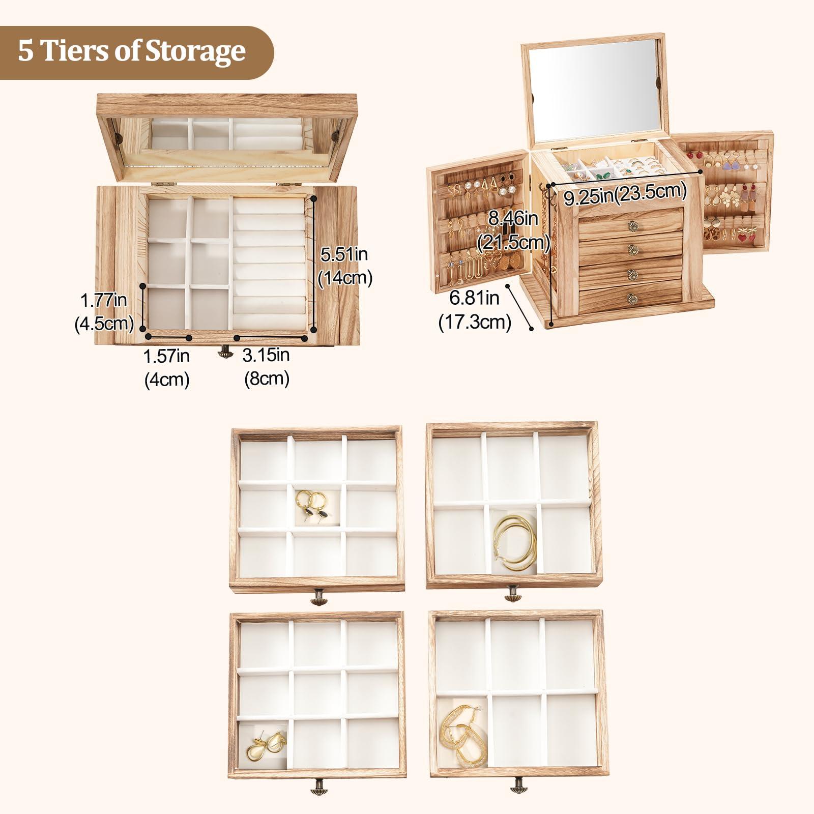 ProCase Large Jewelry Box, 5-Layer Wooden Jewelry Boxes for Women, Jewellery Holder Organizer Storage Case with Mirror for Earrings Bracelet Necklace for Dresser -Natural - Image 4
