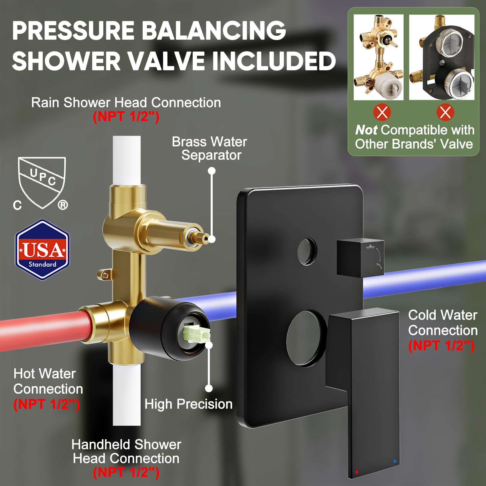 Kurpot Black Shower System, Wall Mounted Shower Faucet Set with Valve, 10-Inch Rainfall Shower Head with Handheld Combo Spray, 59'' Long Shower Hose and Shower Trim Kit, Matte Black - Image 7