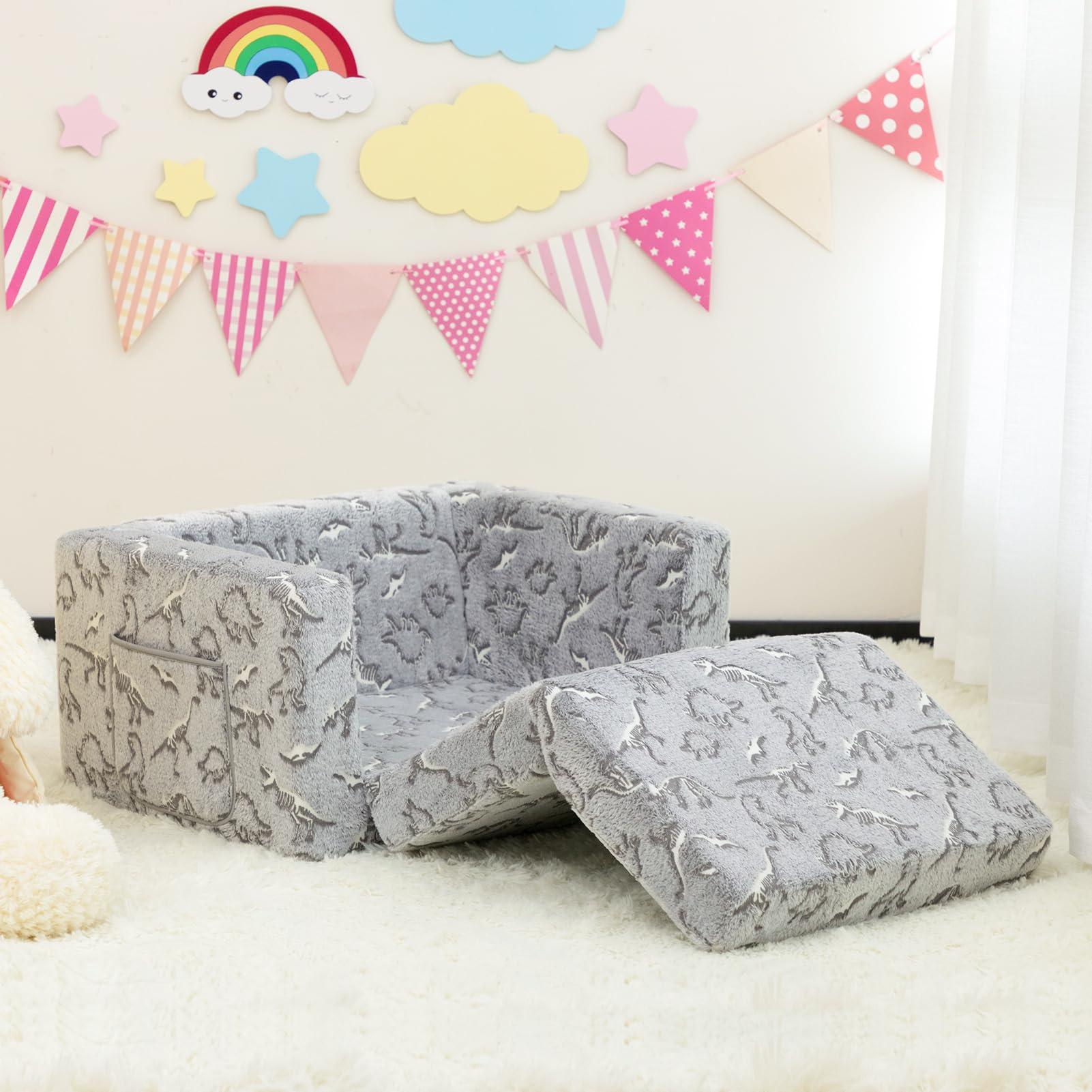 ALIMORDEN 2-in-1 Flip Out Cuddly Sherpa Toddler Couch, Convertible Sofa to Lounger, Glow in The Dark,Dinosaurs - Image 8