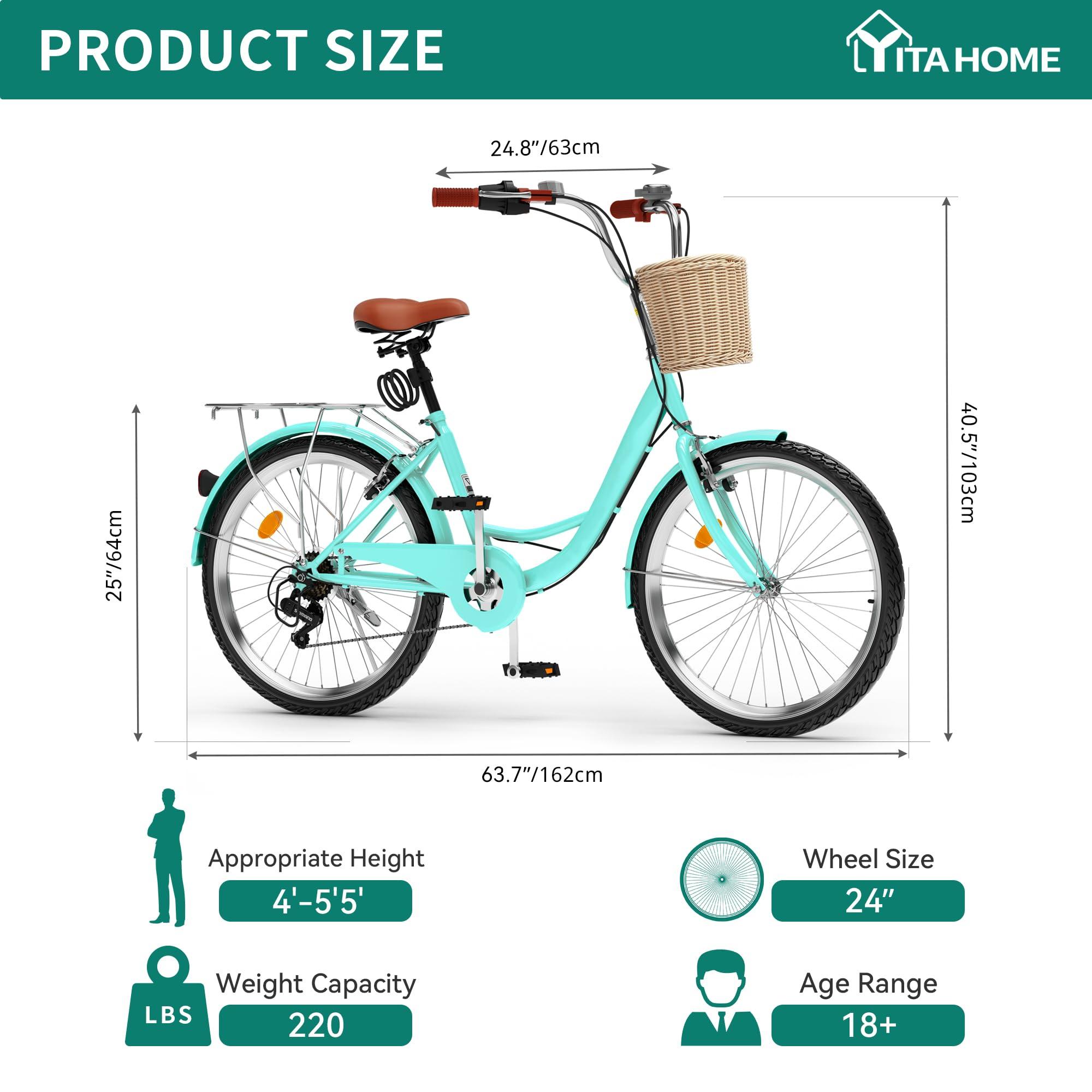 YITAHOME Beach Cruiser Bike for Women, 24 & 26 inch Commute Bike for Adults, 1 & 7 Speed Womens Bicycle with Basket Adjustable Seat, Multiple Color - Image 2