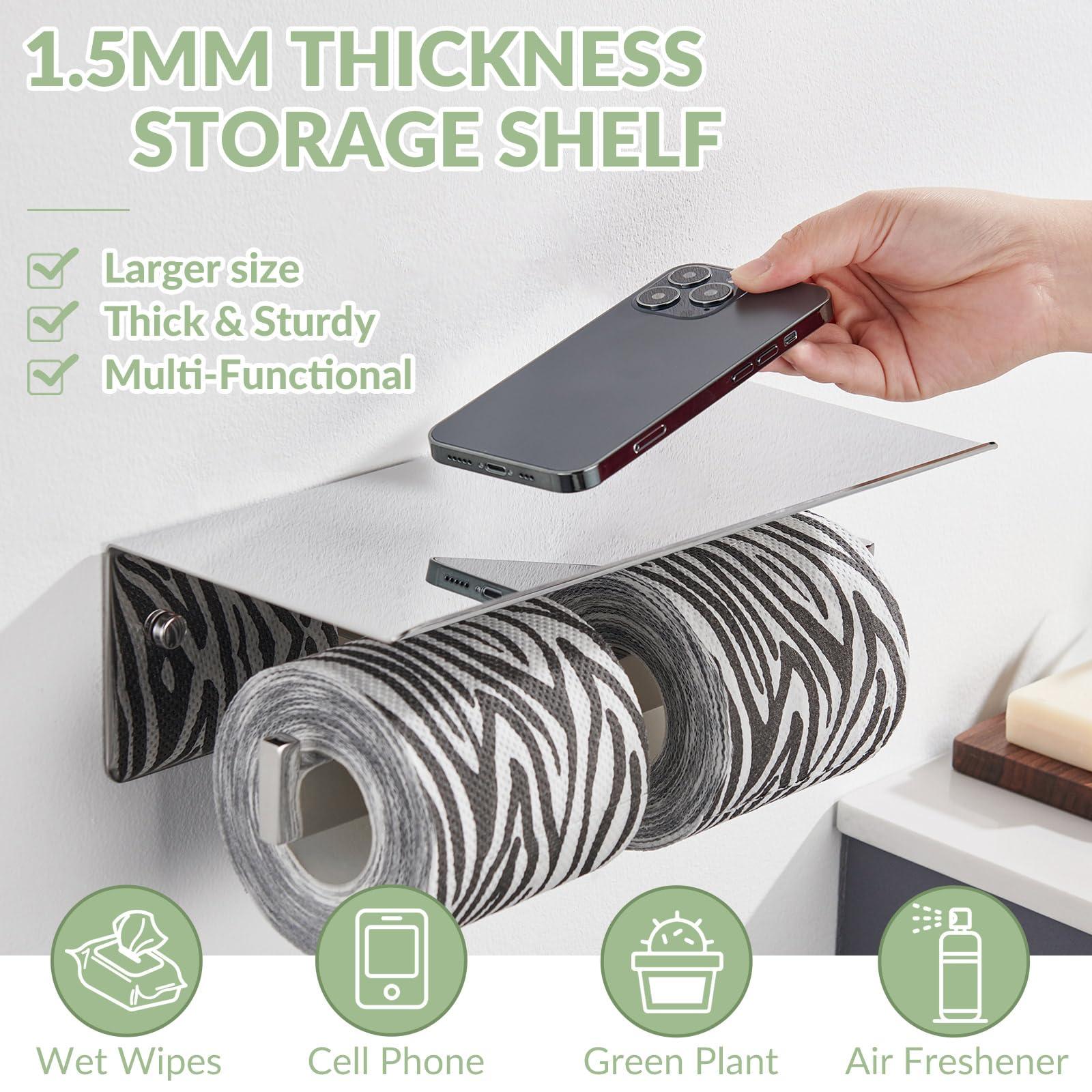 APLusee Double Toilet Paper Holder with Phone Shelf, 304 Stainless Steel Bathroom Tissue Hanger, Wall Mounted Dual Roll Paper Dispenser, Polished Chrome - Image 4