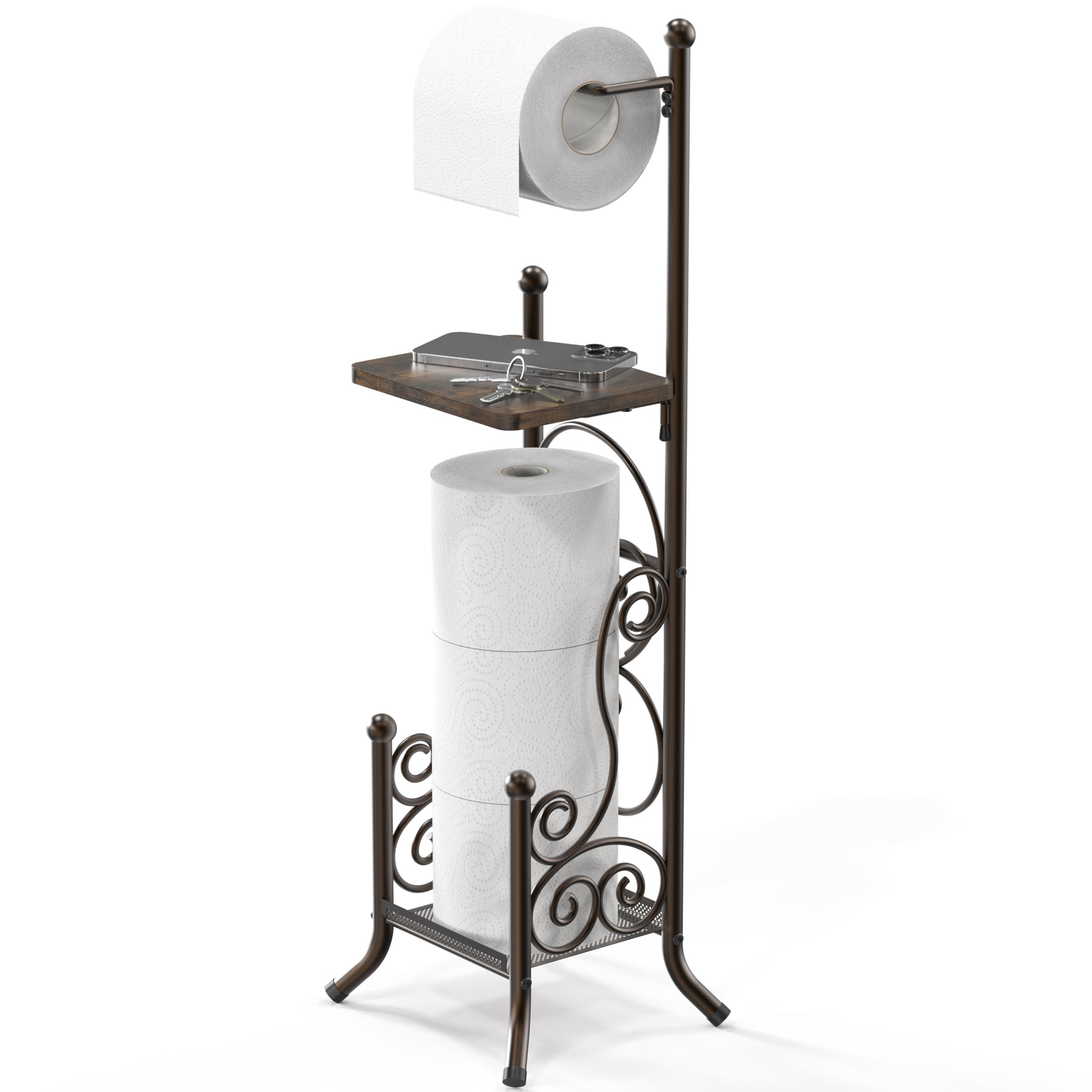 Simple Houseware English Style Bathroom Toilet Tissue Roll Holder Stand with Shelf, Bronze