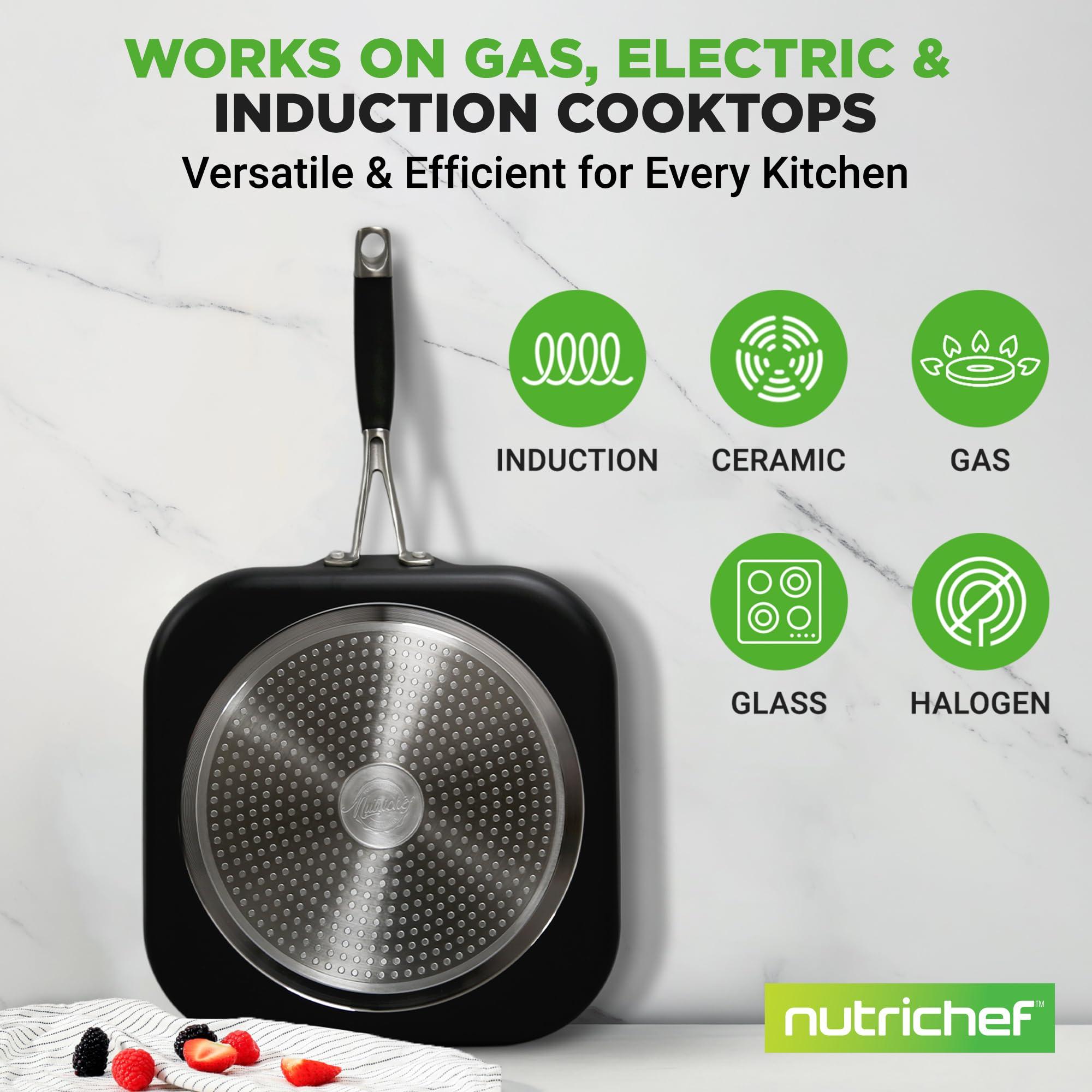 NutriChef Copper Pan Non-Stick Coating Inside, Hard-Anodized Look Heat Resistant Lacquer Outside, Silicone Handle NCSQPA, 1 Griddle - Image 5