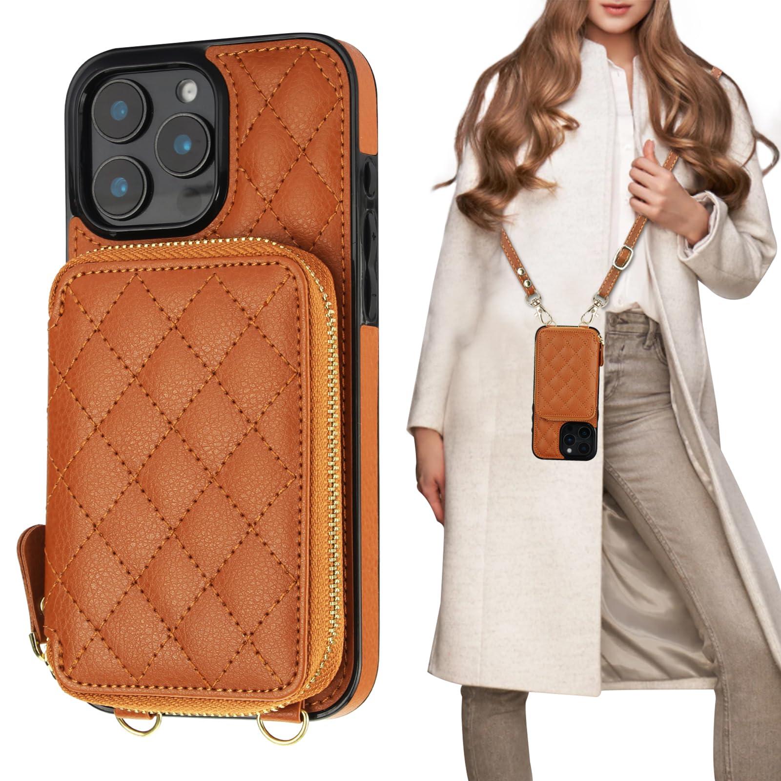 Bocasal Crossbody Wallet Case for iPhone 16 Pro Max, RFID Blocking PU Leather Zipper Handbag Purse Flip Cover, Kickstand Folio Case with Card Slots Holder Wrist Strap Lanyard 5G 6.9 Inch (Brown)