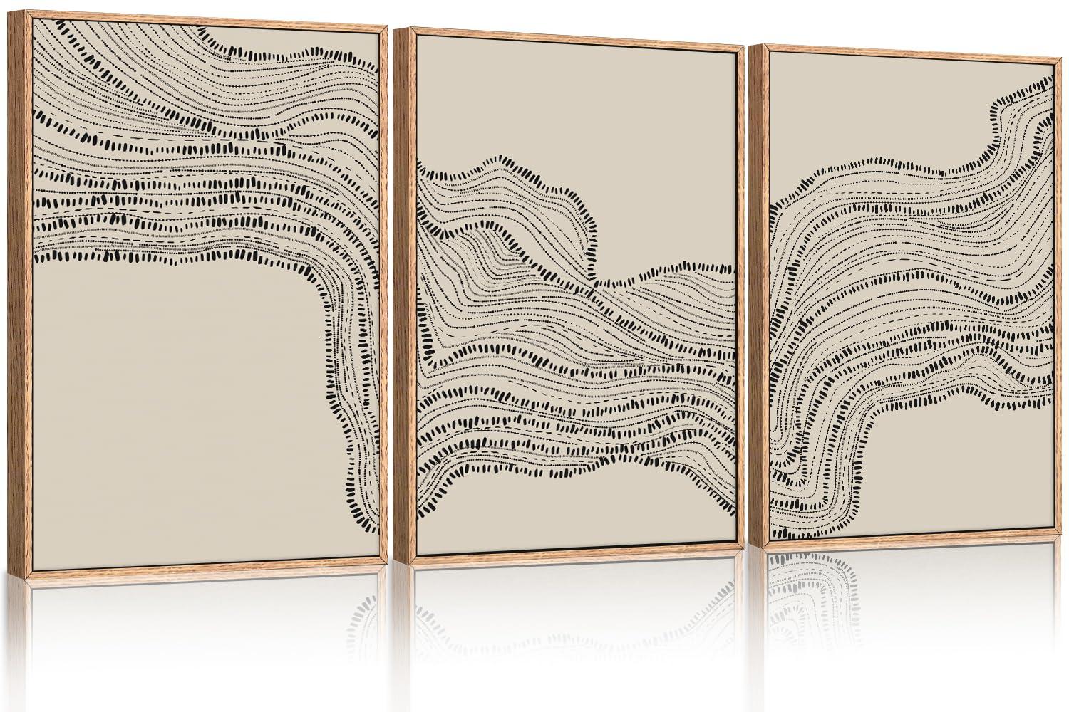HLNIUC Neutral Abstract Framed Canvas Wall Art Set, Black Beige Wave Line Wall Decor, Large Minimalist Painting, Modern Geometric Art Print for Living Room, Bedroom, Dinning Room, Office - 16"x24"x3