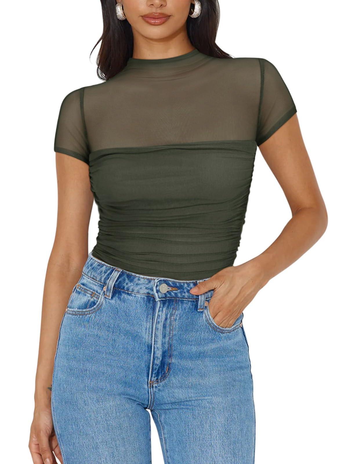 REORIA Women's Sexy Mock Turtle Neck Short Sleeve Shirts Sheer Mesh Ruched Trendy Going Out Bodysuits Tops - Image 4