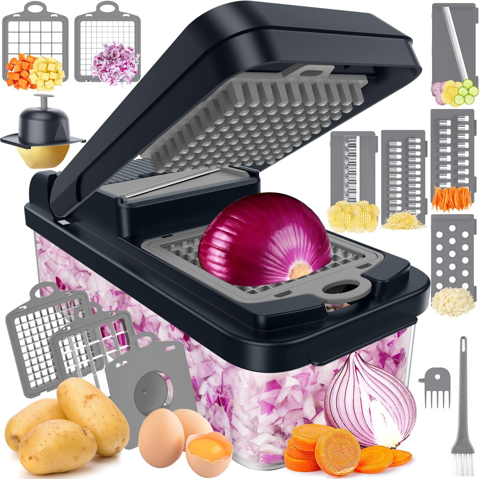 SpaceHacks 12-in-1 Vegetable Chopper, Kitchen Gadgets with 7 Blades, Veggie, Food, Onion Chopper, Cucumber Slicer, Versatile Mandoline, Includes Egg Separator & Finger Guard, Gray