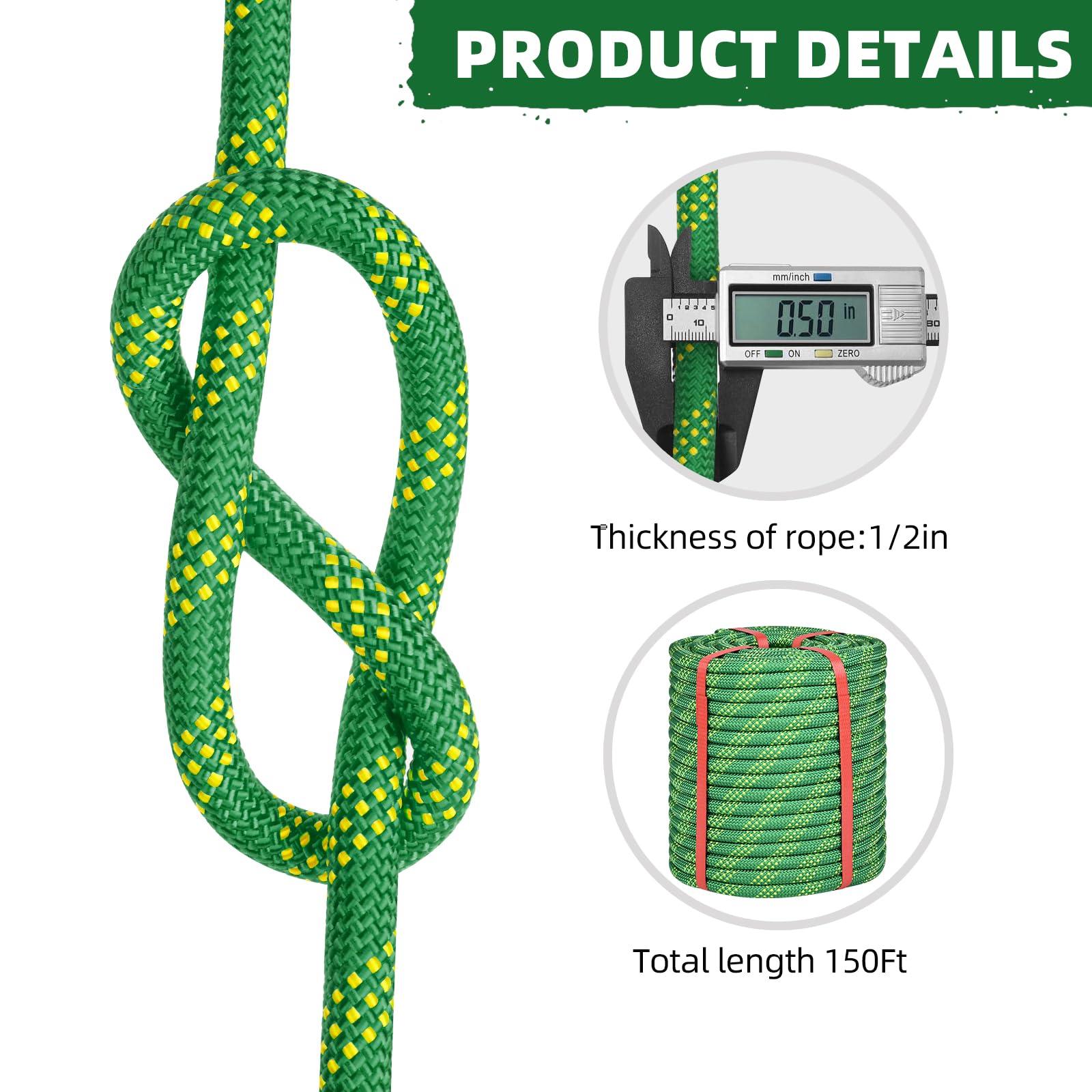 1/2 Inch Climbing Rope 150 Ft Green - 48 Strands Tree Climbing,1/2in Arborist Rope,Rappelling Rope,Static Nylon Polyester Braided Rope,Bull Rope for Tree Pulling,Nautical Rigging Rope Swing - Image 5