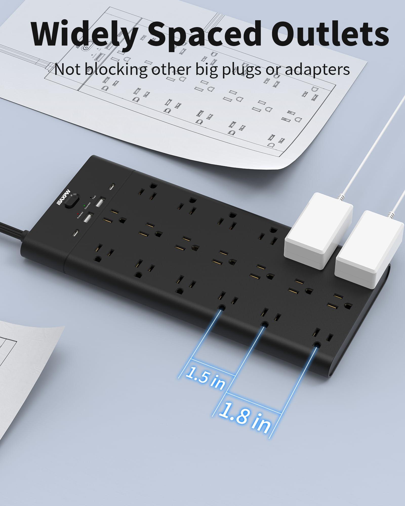 Power Strip Surge Protector Outlet Extender with 19 Outlets and 4 USB Ports (2 USB C), 10 Ft Extension Cord & Flat Plug, 2100 Joules, Wall Mount for Home, Office, Dorm, Black - Image 4
