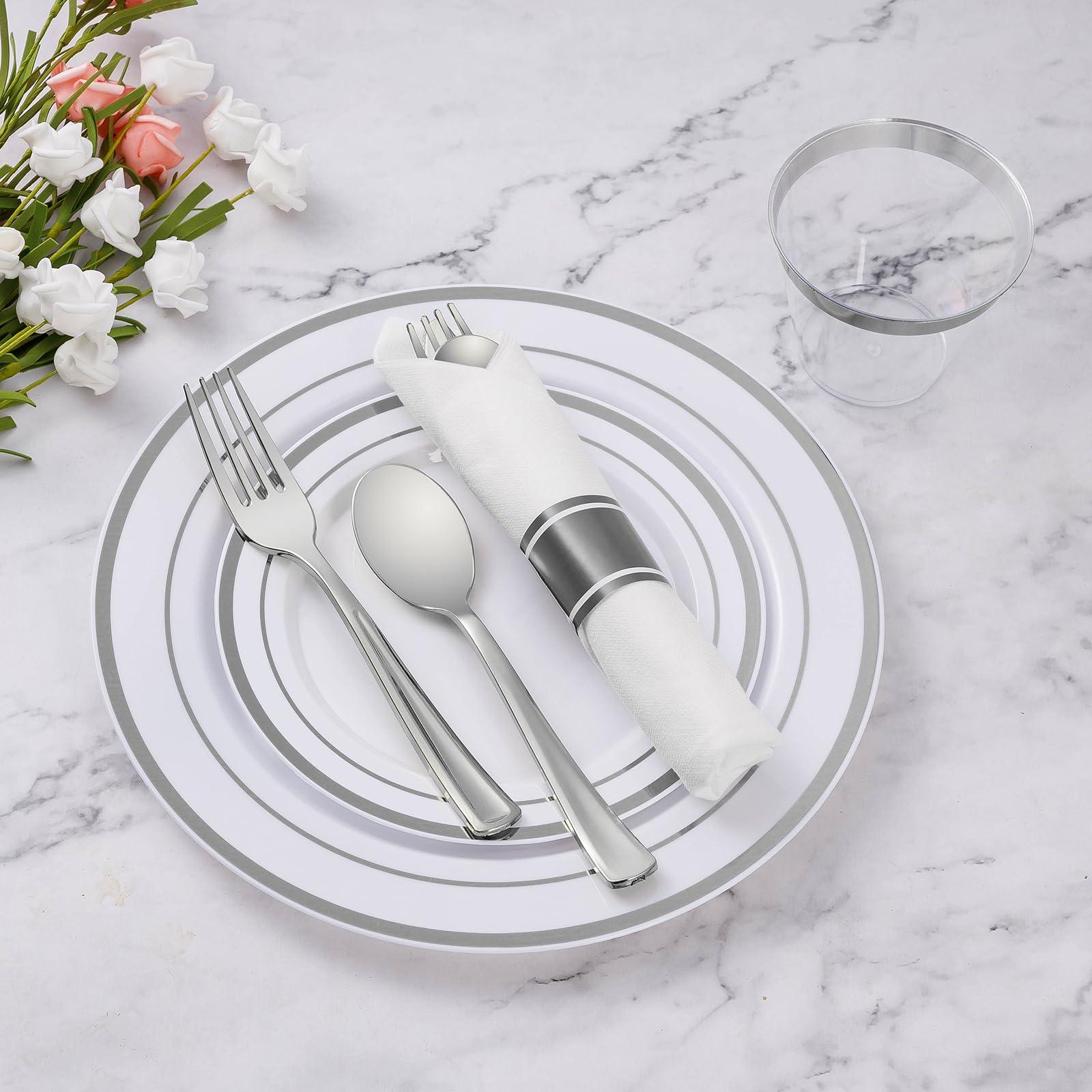 Goodluck 350 Piece Silver Plastic Dinnerware Set for 50 Guests, Fancy Disposable Plates for Party, Include: 50 Dinner Plates, 50 Dessert Plates, 50 Pre Rolled Napkins with Silver Silverware, 50 Cups - Image 2