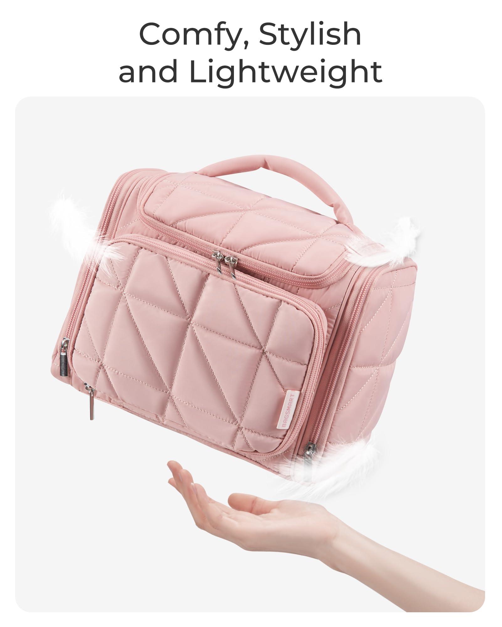 BAGSMART Toiletry Bag Travel Bag with Hanging Hook, Water-resistant Lightweight Puffy Makeup Bag Large Wide-open Travel Bag for Women Travel Organizer for Accessories, Cosmetics, Toiletries, Beige - Image 3
