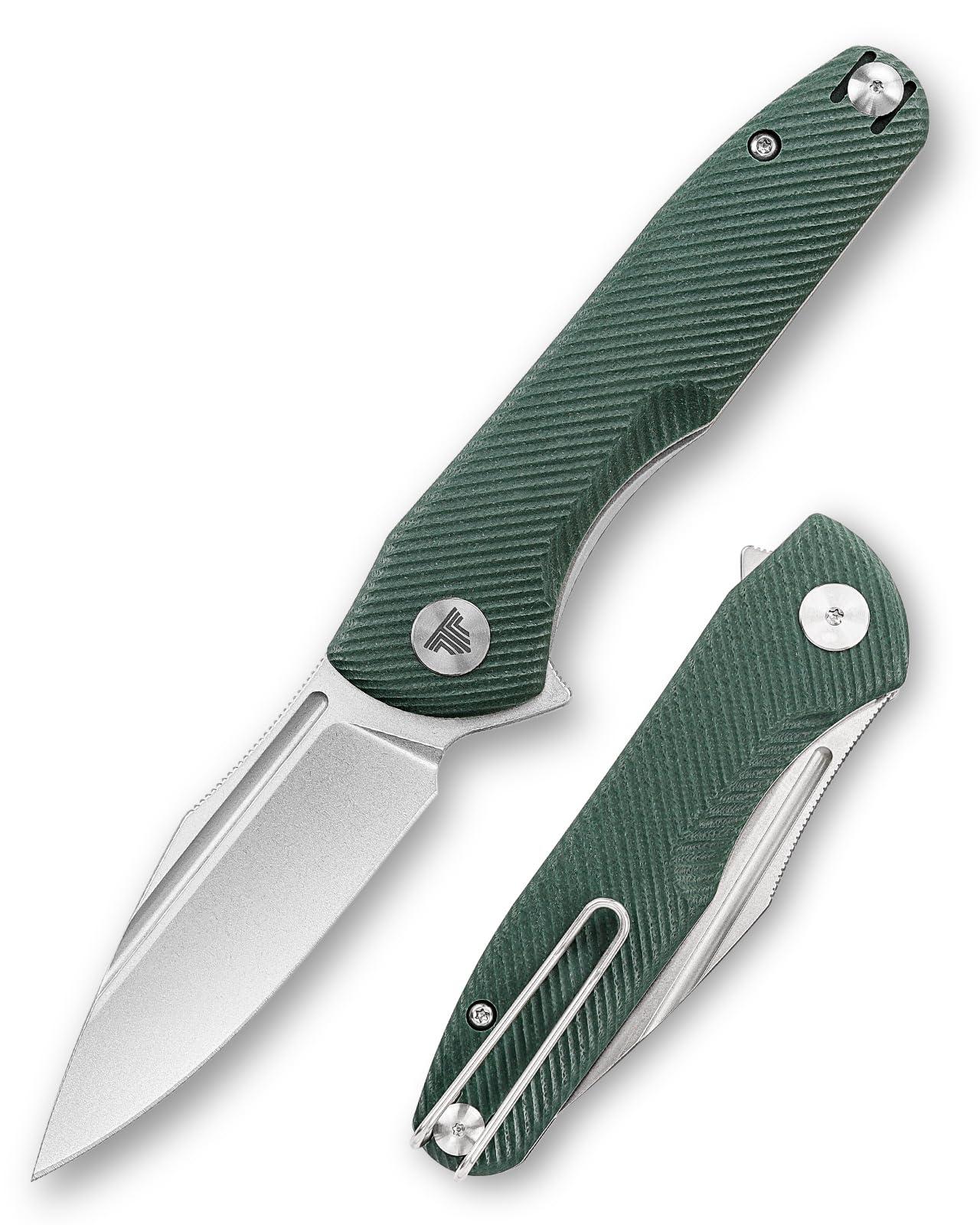 TRIVISA Knives，Pocke Knife with Clip for Camping EDC Tool， Outdoor Folding Flipper Knife for men，G10 Scales，3.26" 14C28N Steel Blade（Stonewash）- Antliae-03GG