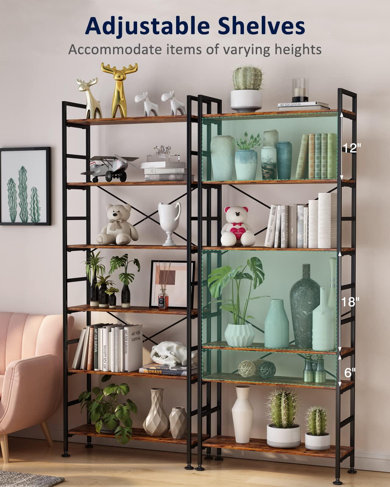 CosyStar 6-Tier Adjustable Tall Bookcase, Rustic Wood and Metal Standing Bookshelf, Industrial Vintage Book Shelf Unit, Open Back Modern Office Bookcases - Image 3