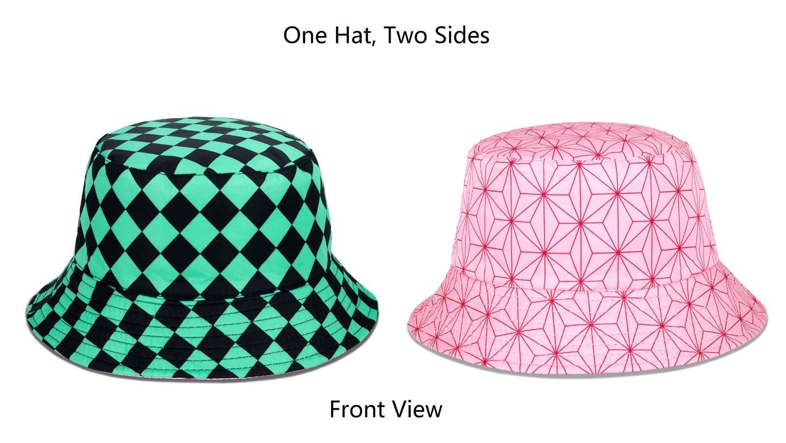 Roffatide Anime Bucket Hat Kamado Tanjirou Kamado Nezuko Bucket Hat All Over Print Bucket Hat Reversible Double Side Wear Fishing Hat Green/Pink - Image 3