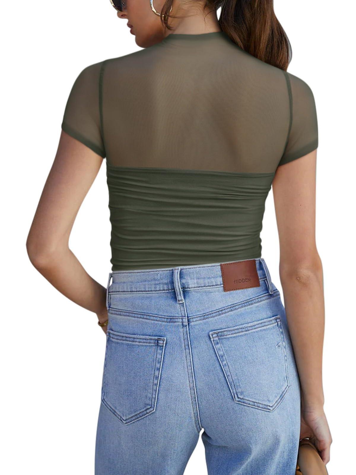 REORIA Women's Sexy Mock Turtle Neck Short Sleeve Shirts Sheer Mesh Ruched Trendy Going Out Bodysuits Tops - Image 2