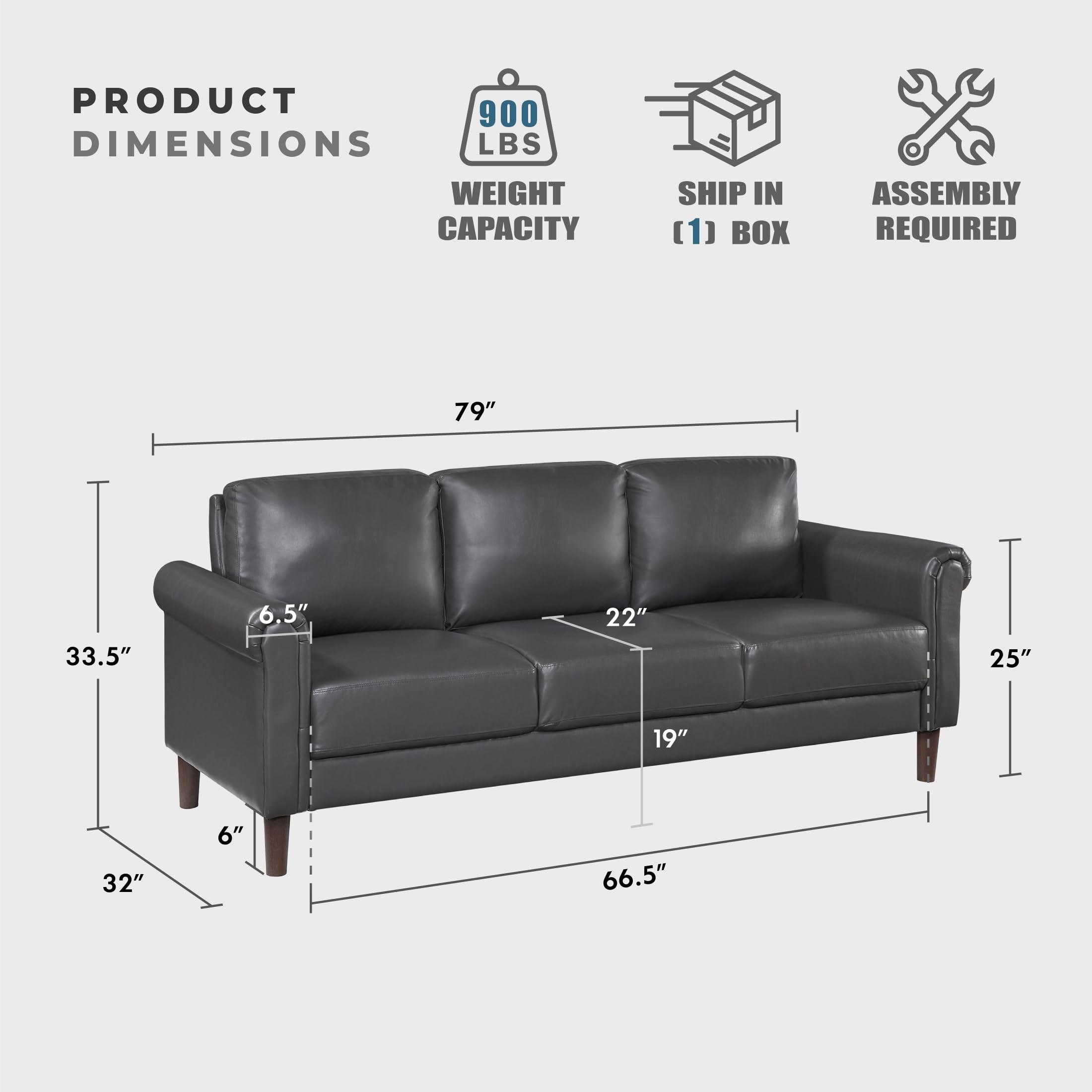 Lexicon 79" W Sofa Couch, Faux Leather Upholstered Couch, Sofa with Rolled Armrest for Bedroom/Office/Waiting Room, 3 Seater, Dark Gray - Image 2
