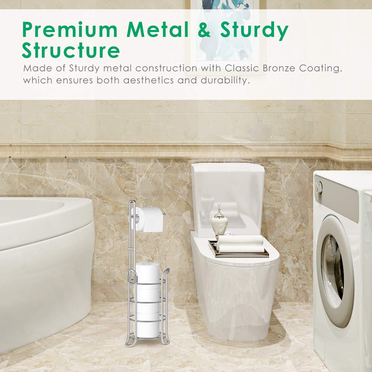 TomCare Toilet Paper Holder Toilet Paper Stand Free-Standing Toilet Tissue Paper Roll Bathroom Storage Shelf and Dispenser for 3 Spare Rolls Metal Wire Bathroom Accessories Storage Organizer - Image 6
