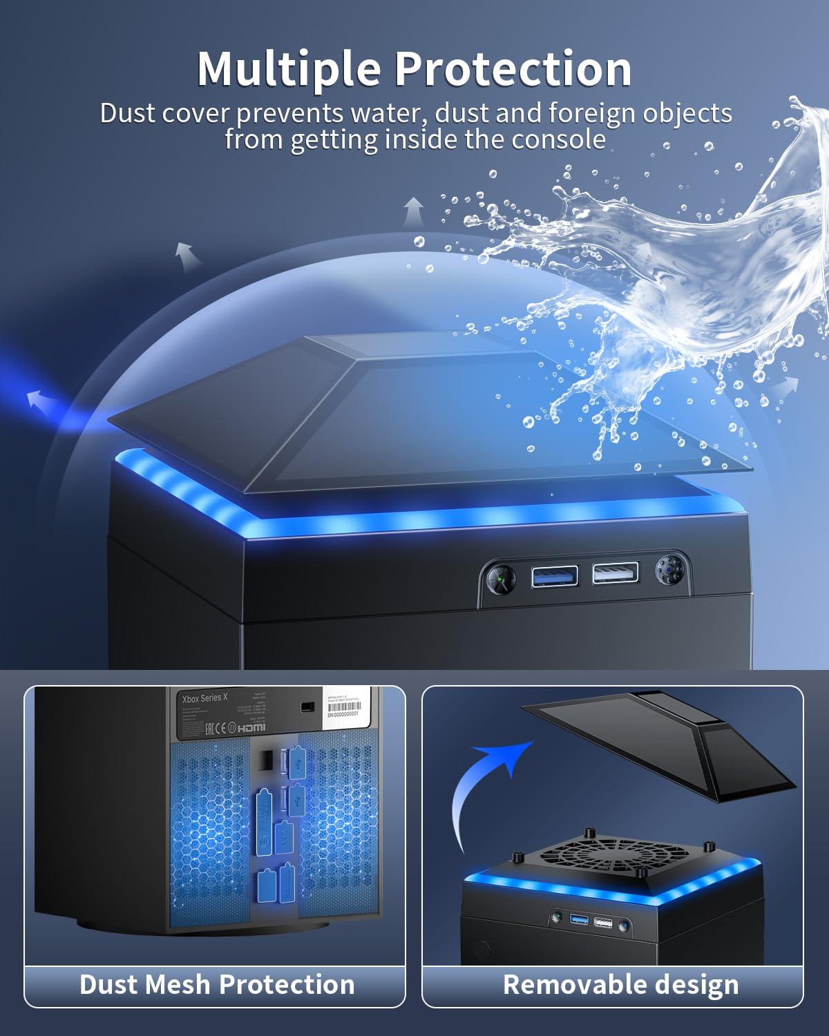 MENEEA Cooling Fan Dust Proof for Xbox Series X Console with Colorful Light Strip,MENEEA Dust Cover Filter,Rubber Dust Plugs,Low Noise Top Fan with 3 Gears,Cooler&Light Independent Touch Switch, 2 USB Port - Image 5