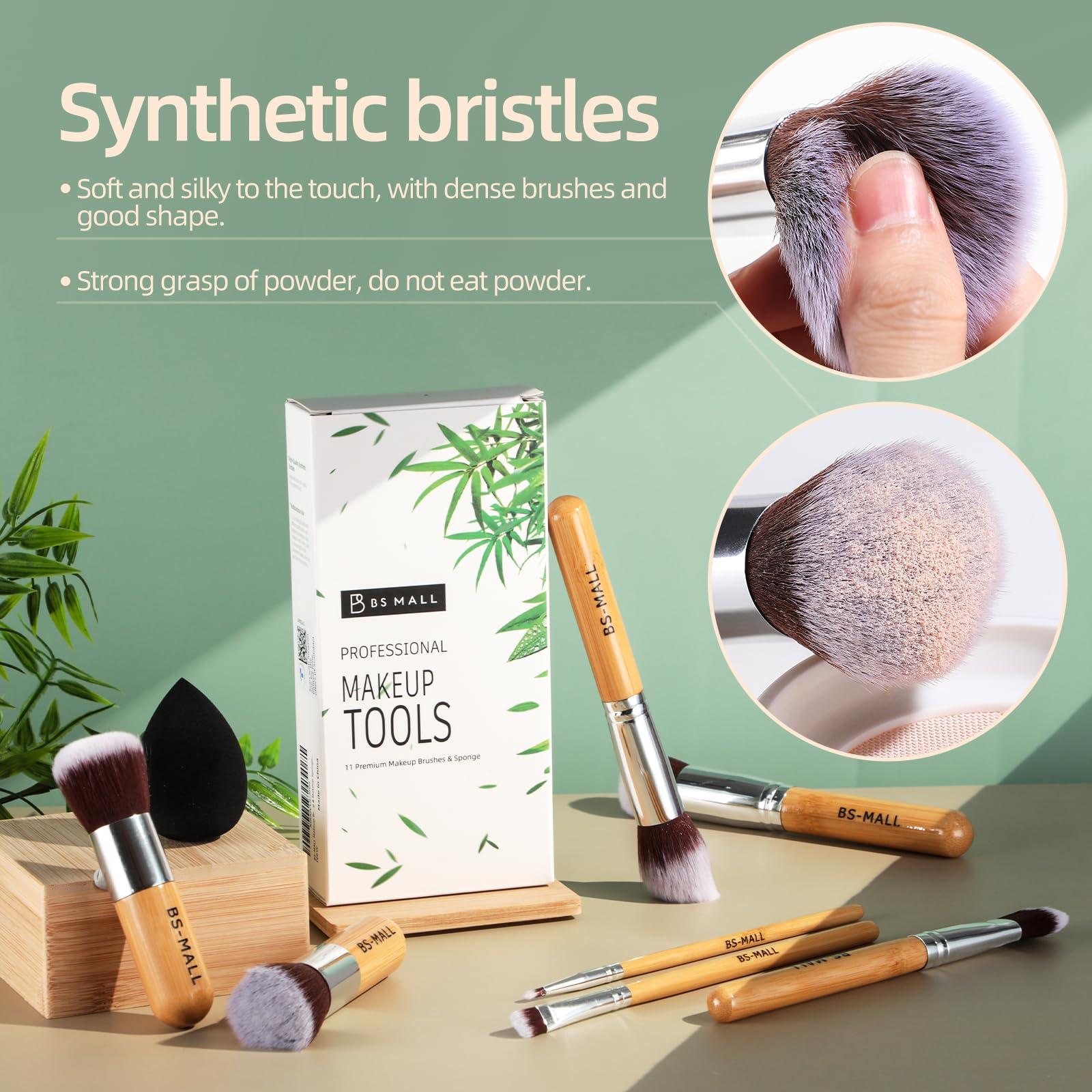 BS-MALL Makeup Brush Set 11Pcs Bamboo Synthetic Kabuki Brush Set Foundation Powder Blending Concealer Eye shadows Blush Cosmetics Brushes with Organizer Bag & Makeup Sponge - Image 2