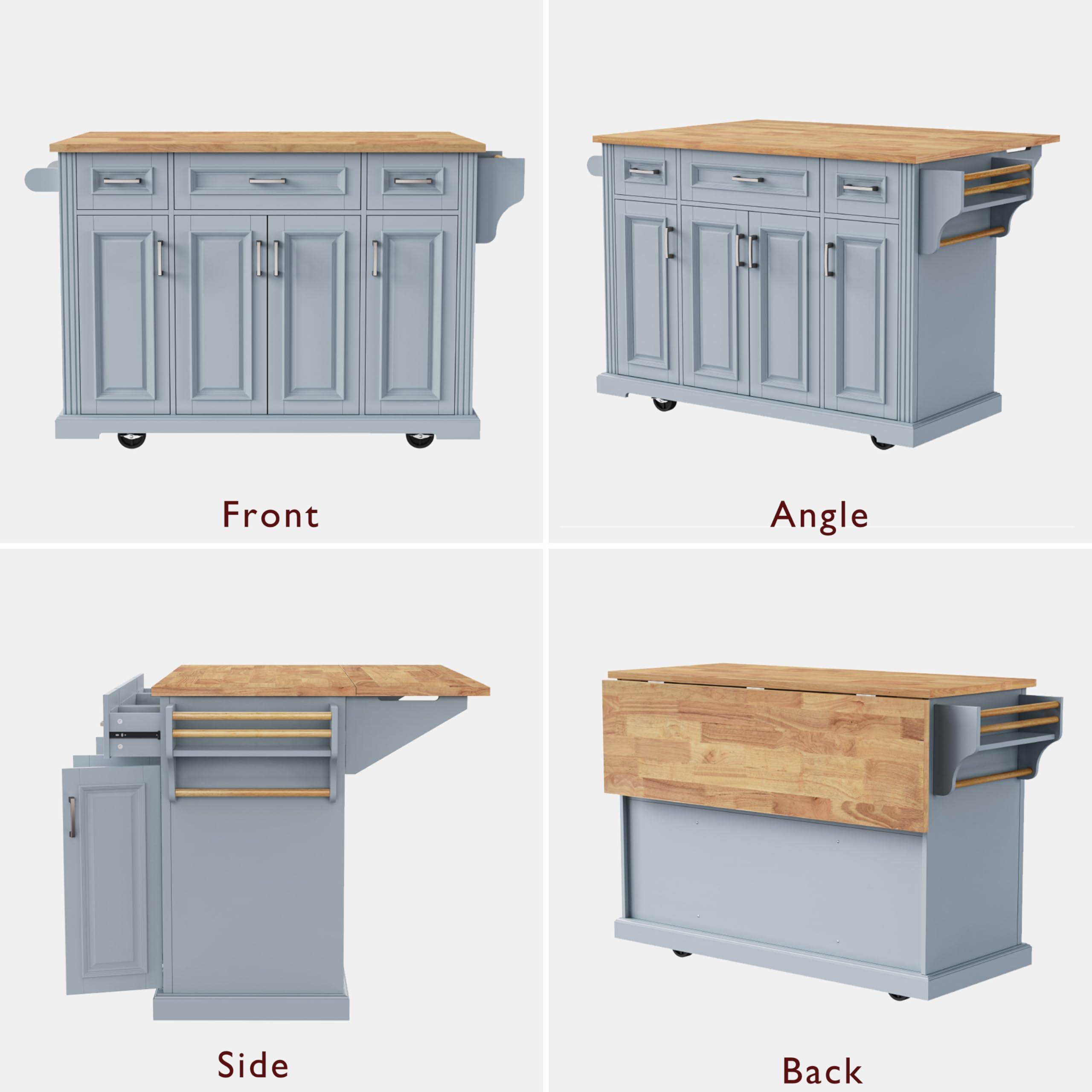 Ball & Cast Large Kitchen Island with Rubber Wood Drop Leaf,Embossed Texture Rolling Kitchen Cart On 4 Wheels W/4 Doors&3 Drawers,Mobile Kitchen Islands W/Storage for Kitchen,Dining Room,Grey Blue,54" - Image 9