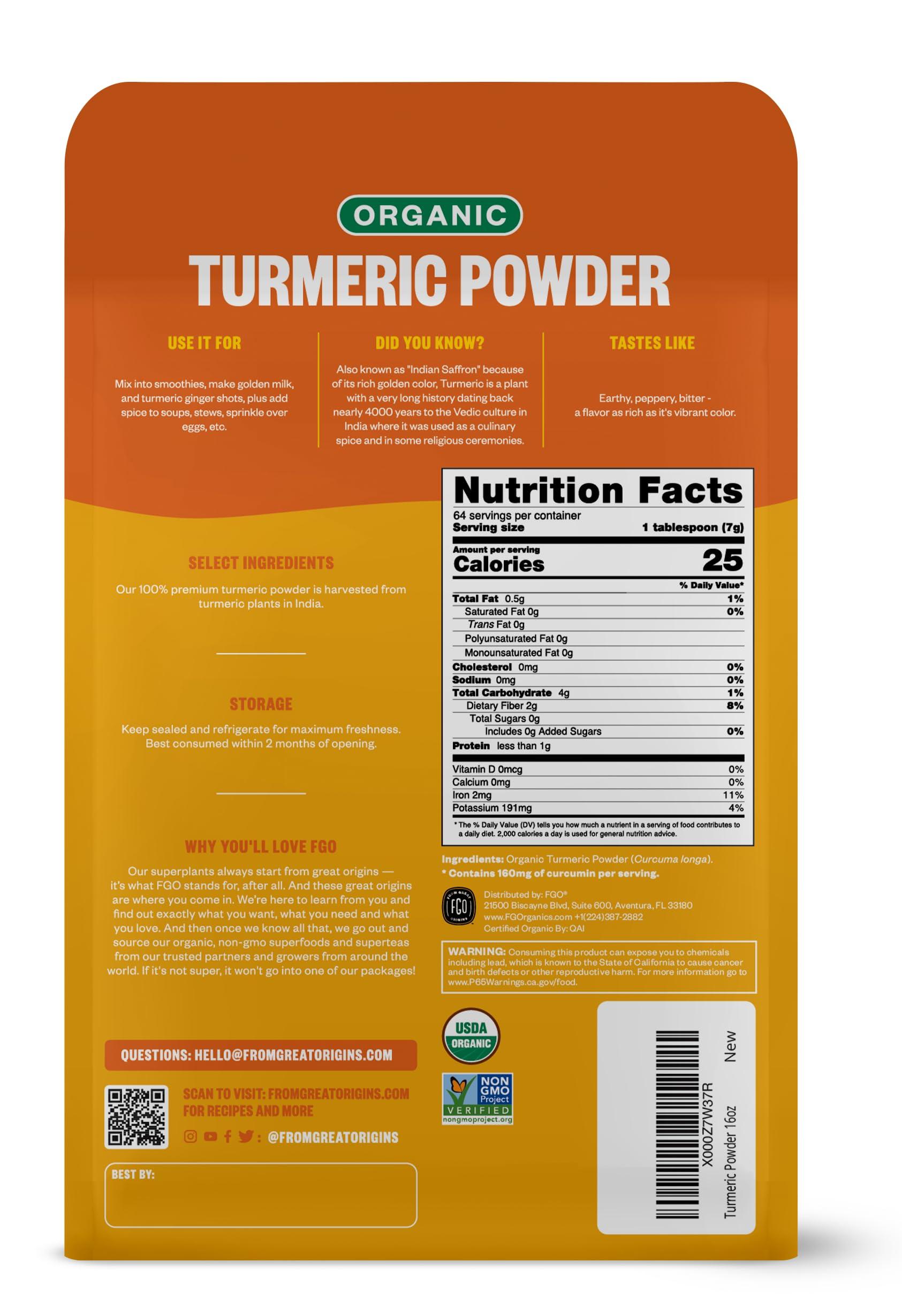 FGO Organic Turmeric Powder w/Curcumin, 1 Pound / 16oz Bulk Resealable Pouch, USDA Organic and Non-GMO, Sourced from India, Packaging May Vary (Pack of 1) - Image 2